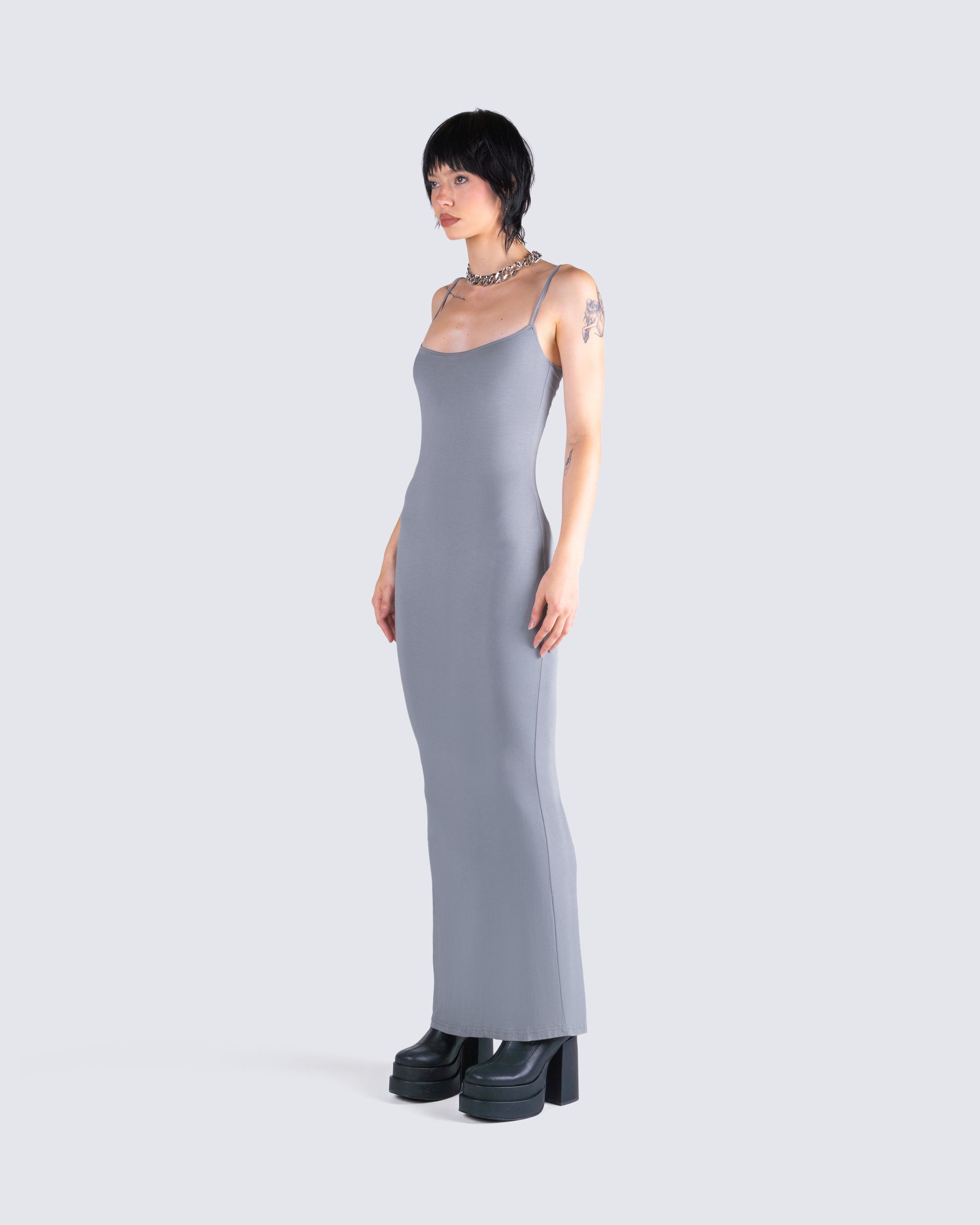 grey maxi dress Soft Rib Long Sleeve for Women, Heather Grey, XL by Bumpsuit Crafted from a gorgeous premium fabric Selma Off Shoulder Maxi Dress