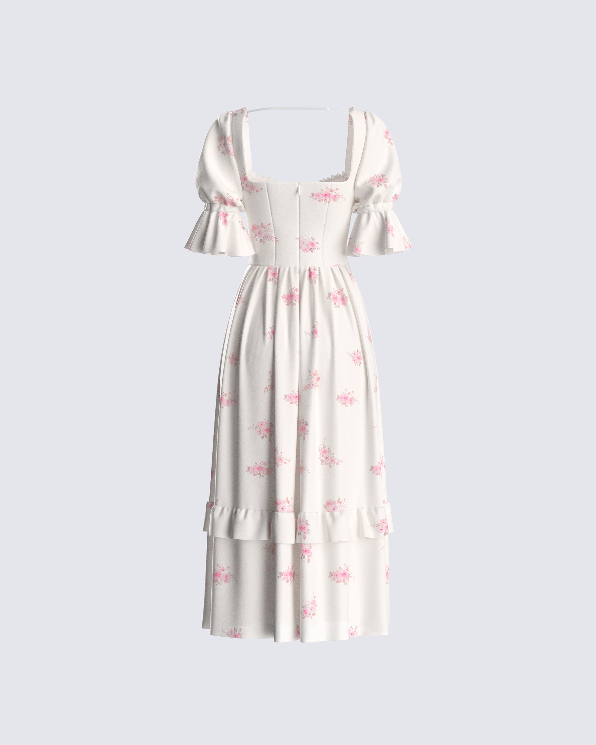 Ivory Floral Midi Dress - Sweetheart Puff Sleeve FINESSE Ivory Floral Midi Dress - Sweetheart Puff Sleeve FINESSE