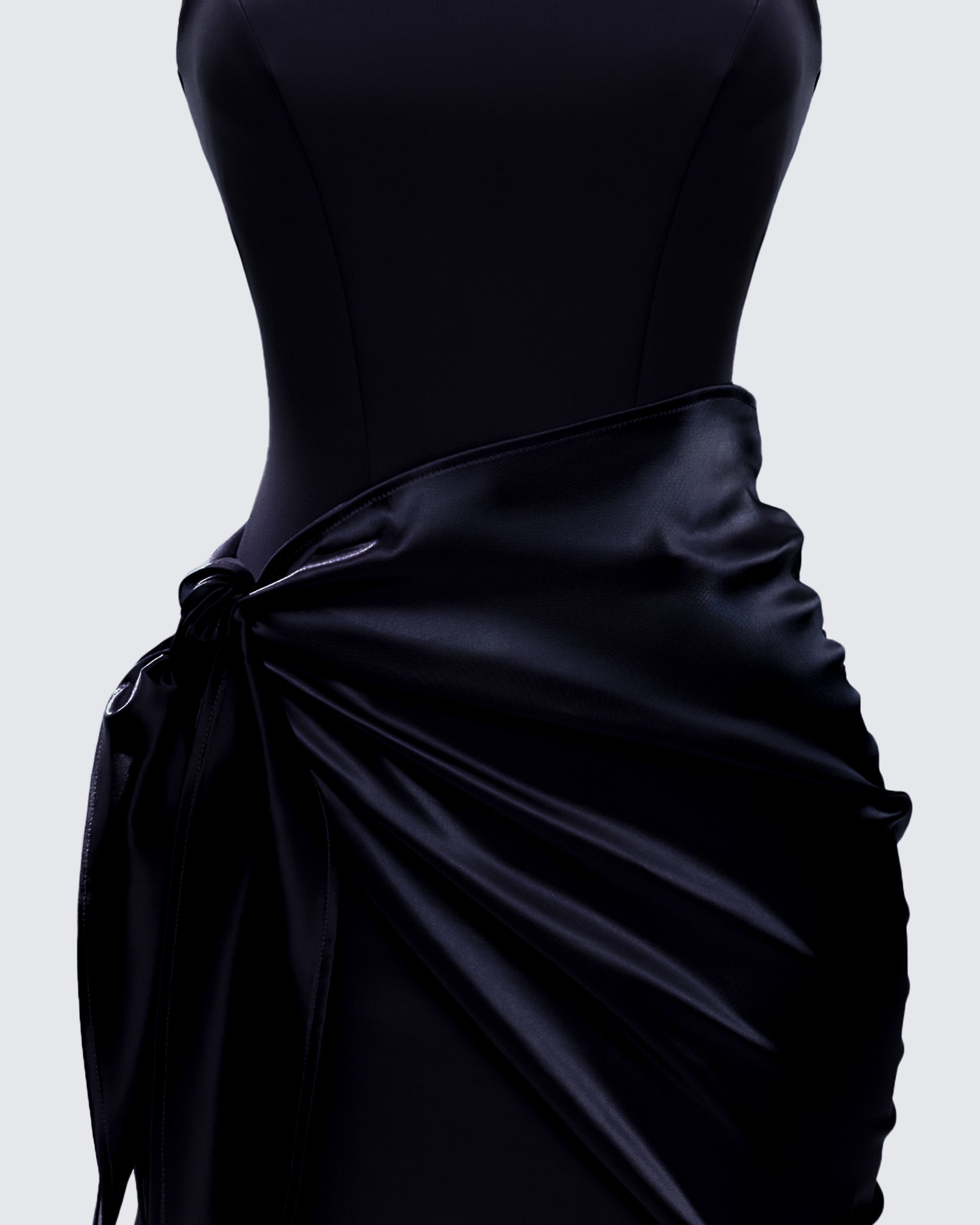 Black Satin Mini Dress - Mock Neck Side Tie Cocktail FINESSE Black Satin Mini Dress - Mock Neck Side Tie Cocktail FINESSE