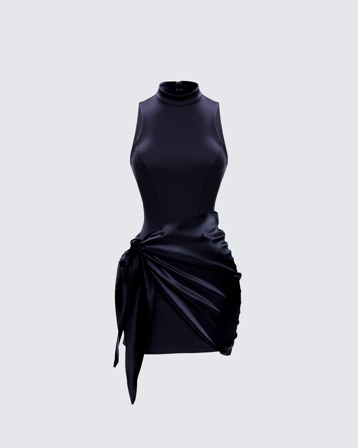 Black Satin Mini Dress - Mock Neck Side Tie Cocktail XS Black Satin Mini Dress - Mock Neck Side Tie Cocktail XS