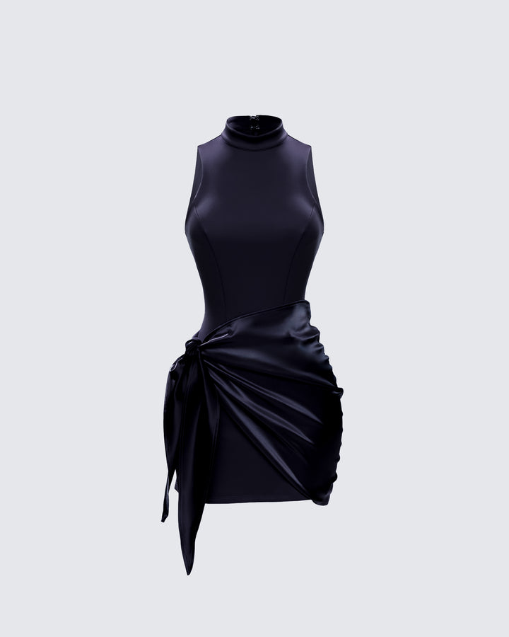 Black Satin Mini Dress - Mock Neck Side Tie Cocktail FINESSE Black Satin Mini Dress - Mock Neck Side Tie Cocktail FINESSE