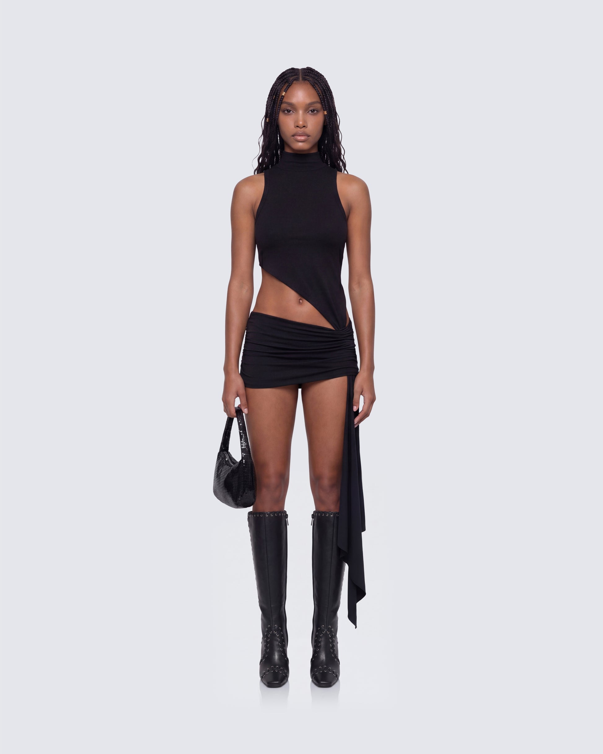 Lisi Black High Neck Cut Away Jersey Mini Dress model front