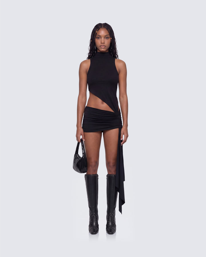 Lisi Black High Neck Cut Away Jersey Mini Dress model front