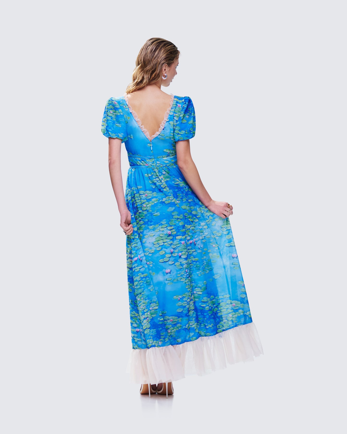 Loire Blue Water Lilies Print Maxi Dress