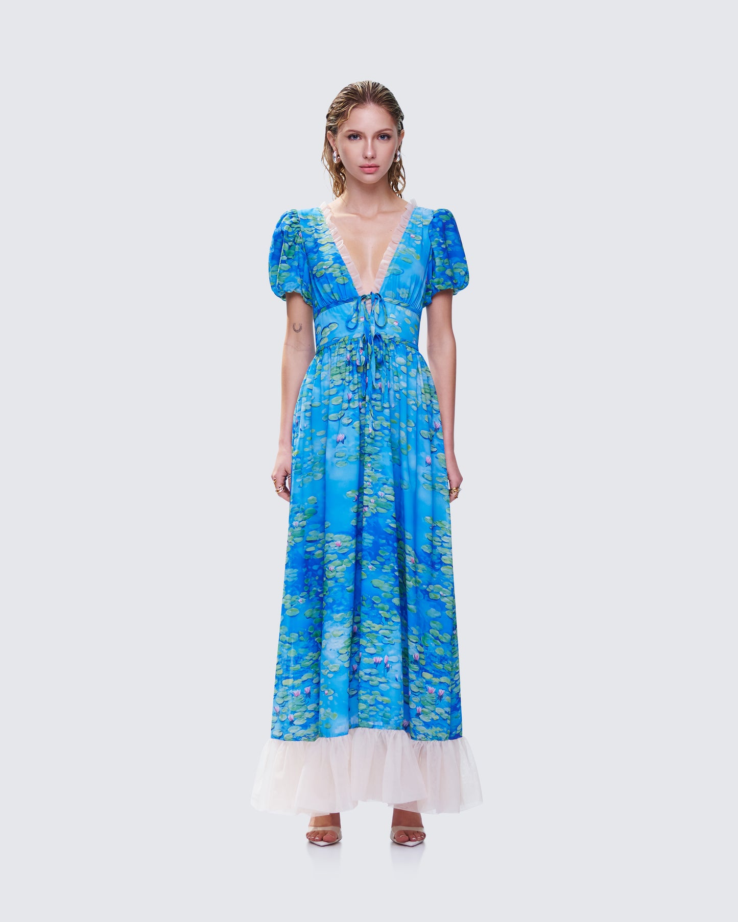 Loire Blue Water Lilies Print Maxi Dress