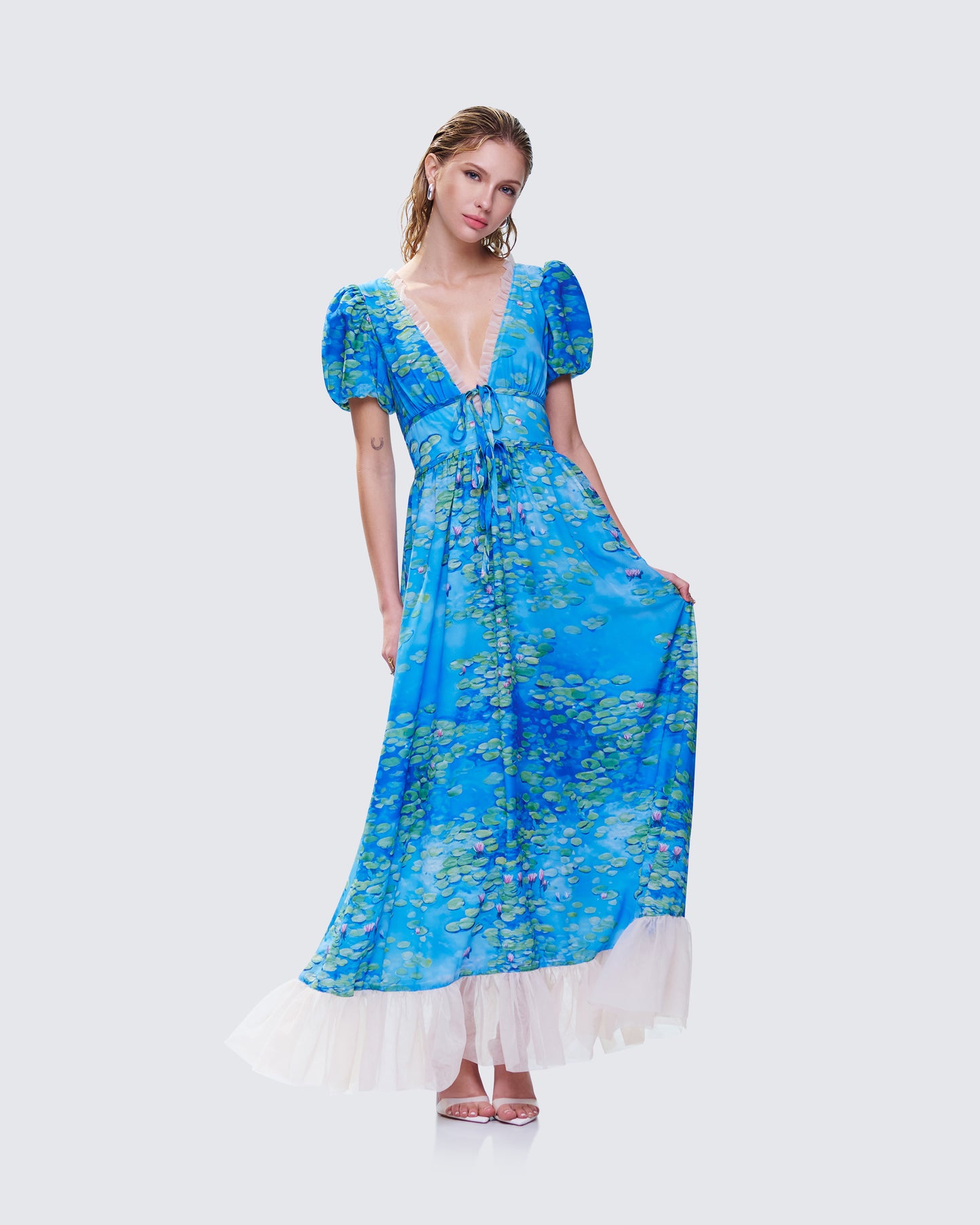 Loire Blue Water Lilies Print Maxi Dress