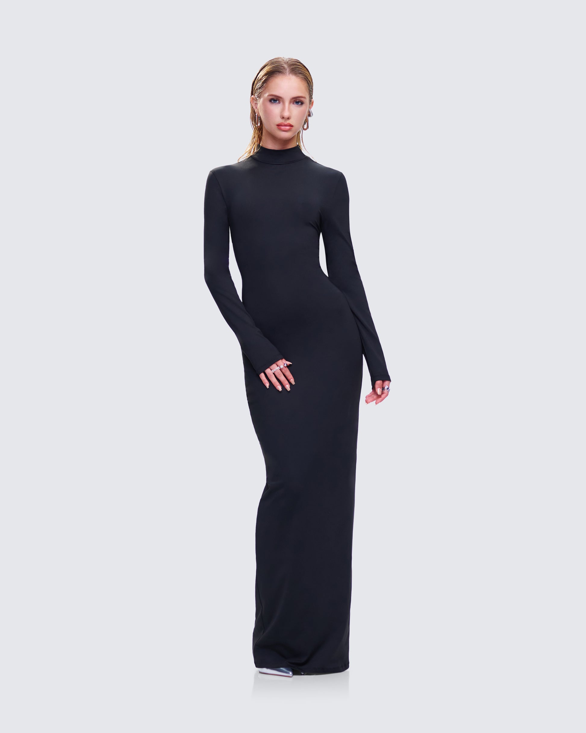 Black Turtleneck Maxi Dress - Long Sleeve Bodycon FINESSE Black Turtleneck Maxi Dress - Long Sleeve Bodycon FINESSE