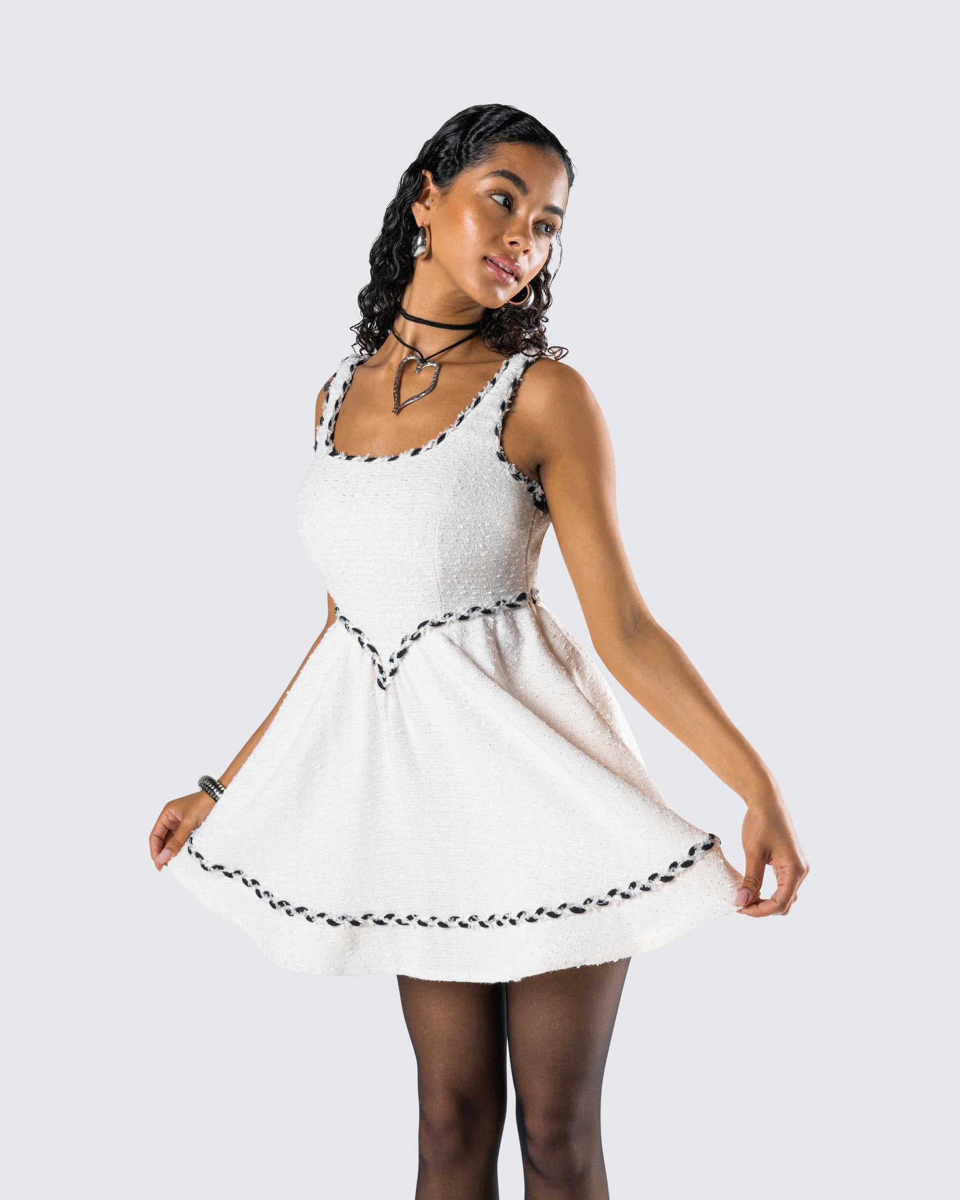 Ivory Tweed Mini Dress - Fit and Flare Smocked FINESSE Ivory Tweed Mini Dress - Fit and Flare Smocked FINESSE