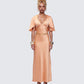 Loretta Orange Satin Cape Sleeve Dress model front
