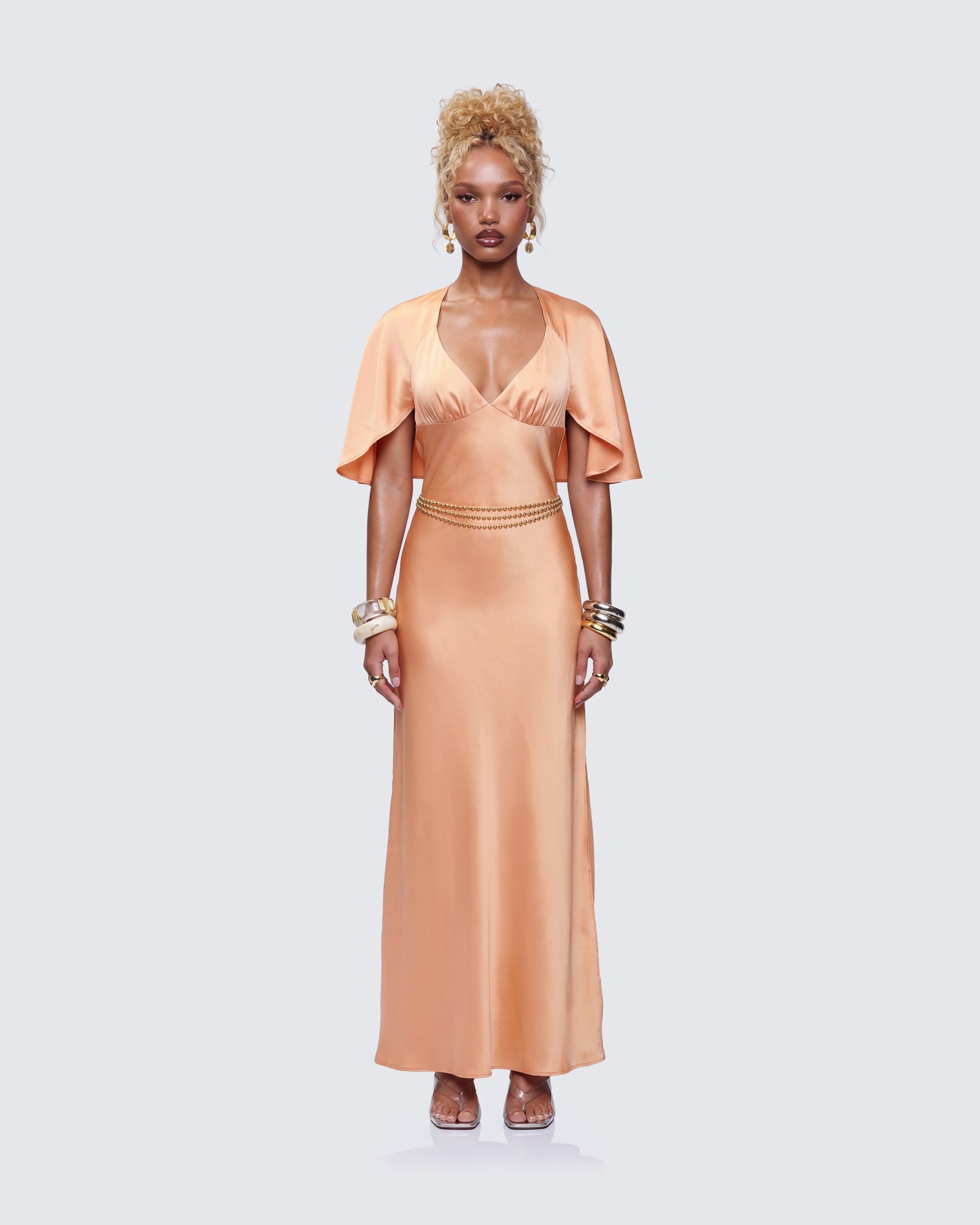 Loretta Orange Satin Cape Sleeve Dress model front
