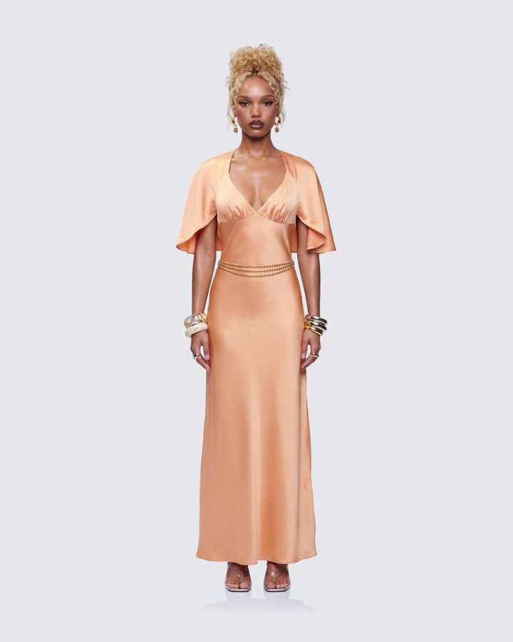 Loretta Orange Satin Cape Sleeve Dress model front