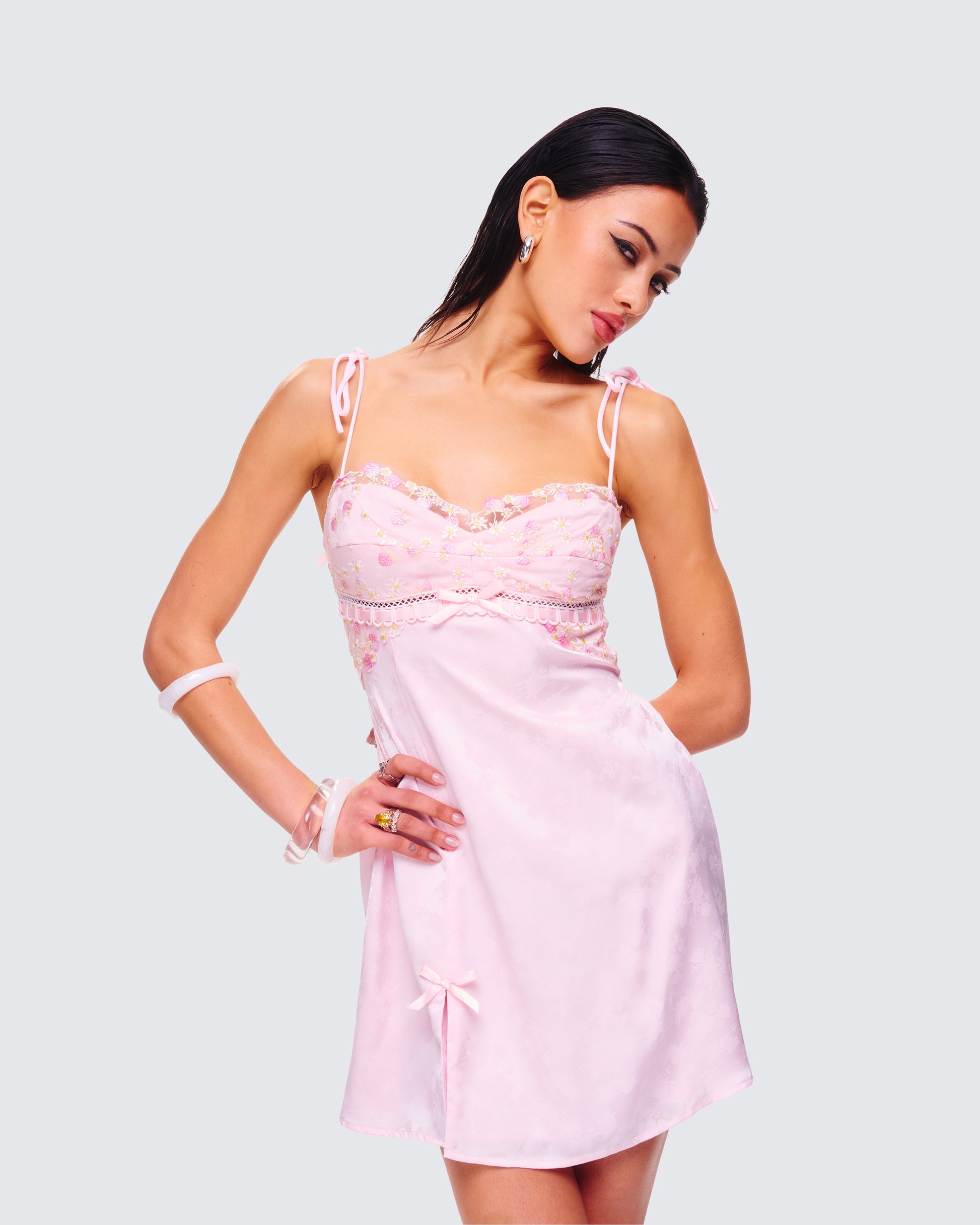 Pink Satin Mini Dress - Tie Shoulder Slip Dress S Pink Satin Mini Dress - Tie Shoulder Slip Dress S