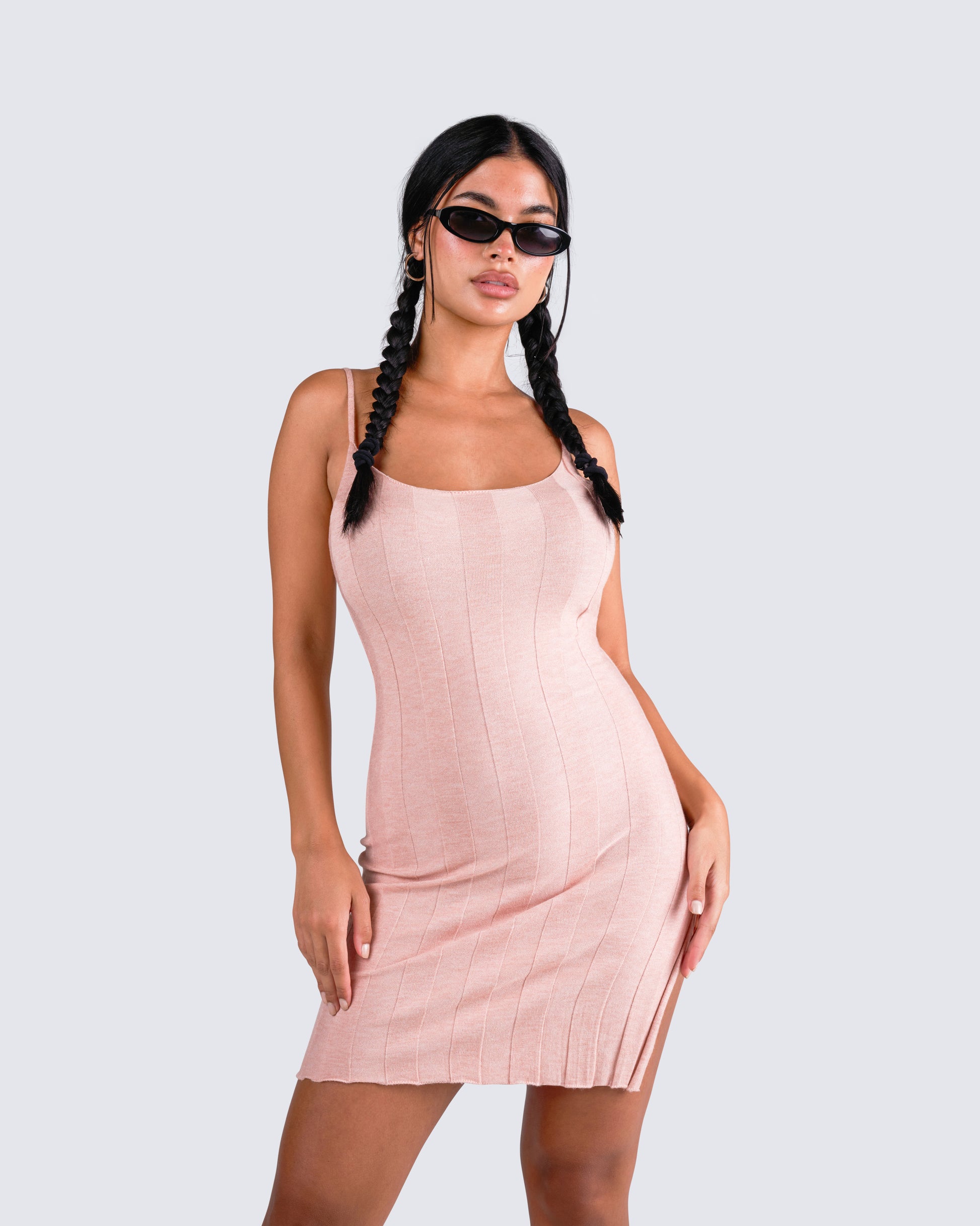 Pink Striped Sweater Mini Dress - Bodycon Knit FINESSE Pink Striped Sweater Mini Dress - Bodycon Knit FINESSE