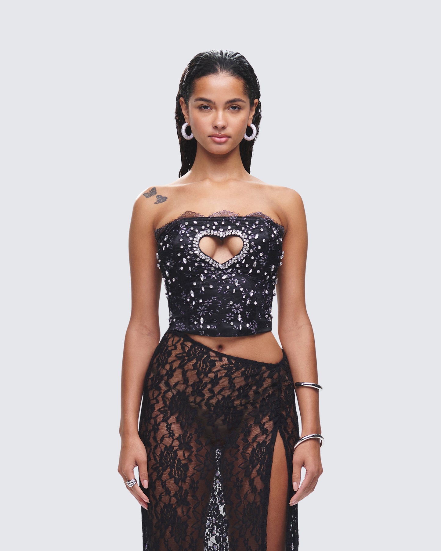 Love Hand Beaded Rhinestone Black Corset Top