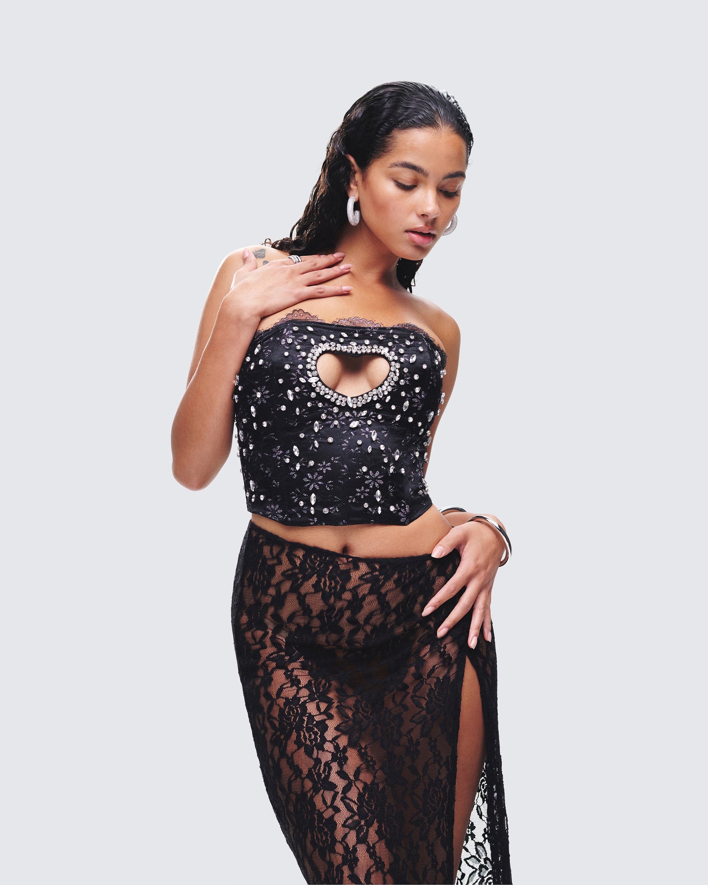 Love Hand Beaded Rhinestone Black Corset Top