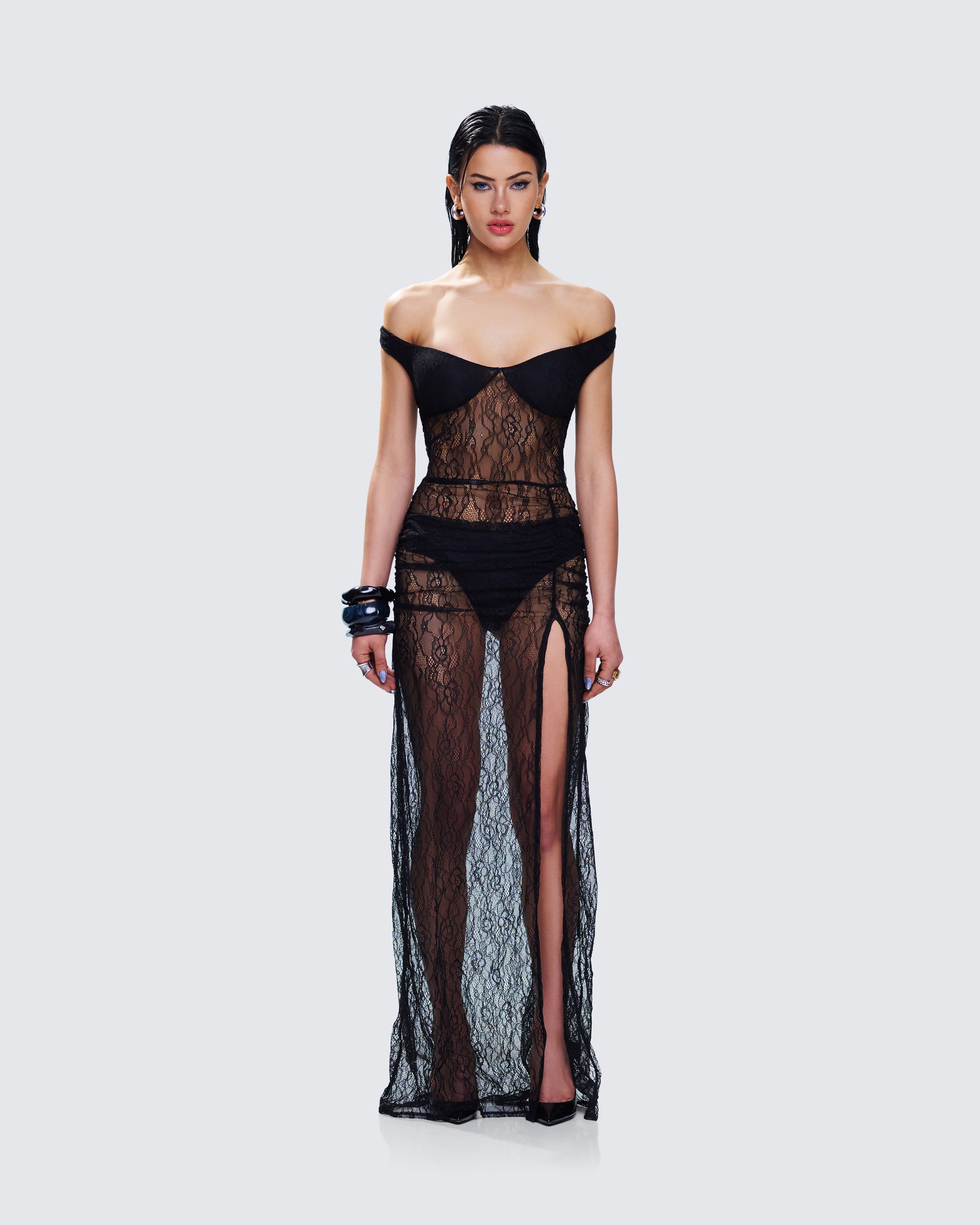 Black Lace Maxi Dress - Off Shoulder Bardot Gown FINESSE Black Lace Maxi Dress - Off Shoulder Bardot Gown FINESSE