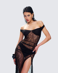 Ludovica Black Lace Bardot Maxi Dress