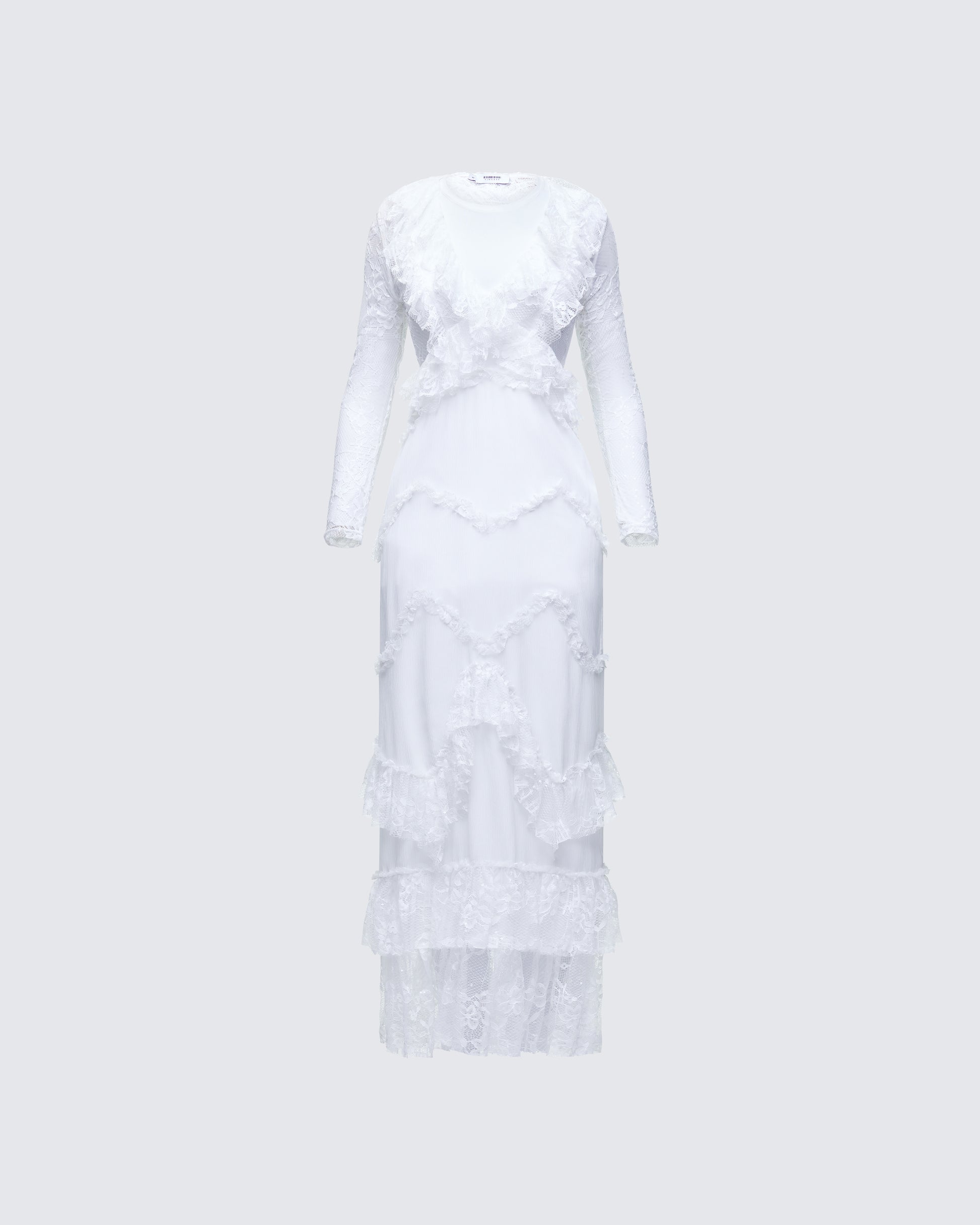 white long sleeve sheer lace maxi dress Heavenly Promise White Sheer Lace Two-Piece Maxi Dress