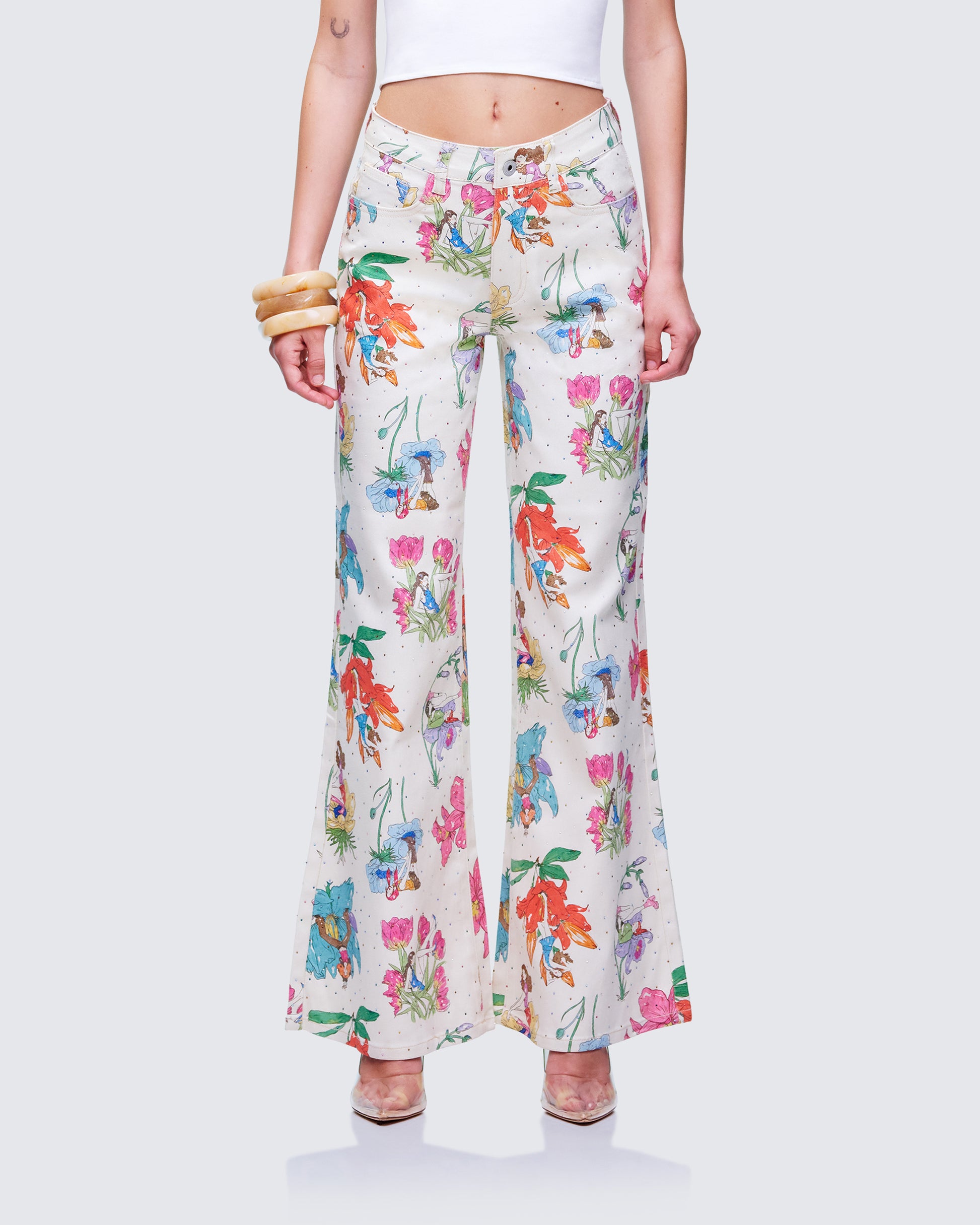 Lunara Ivory Embellished Twill Pant model front