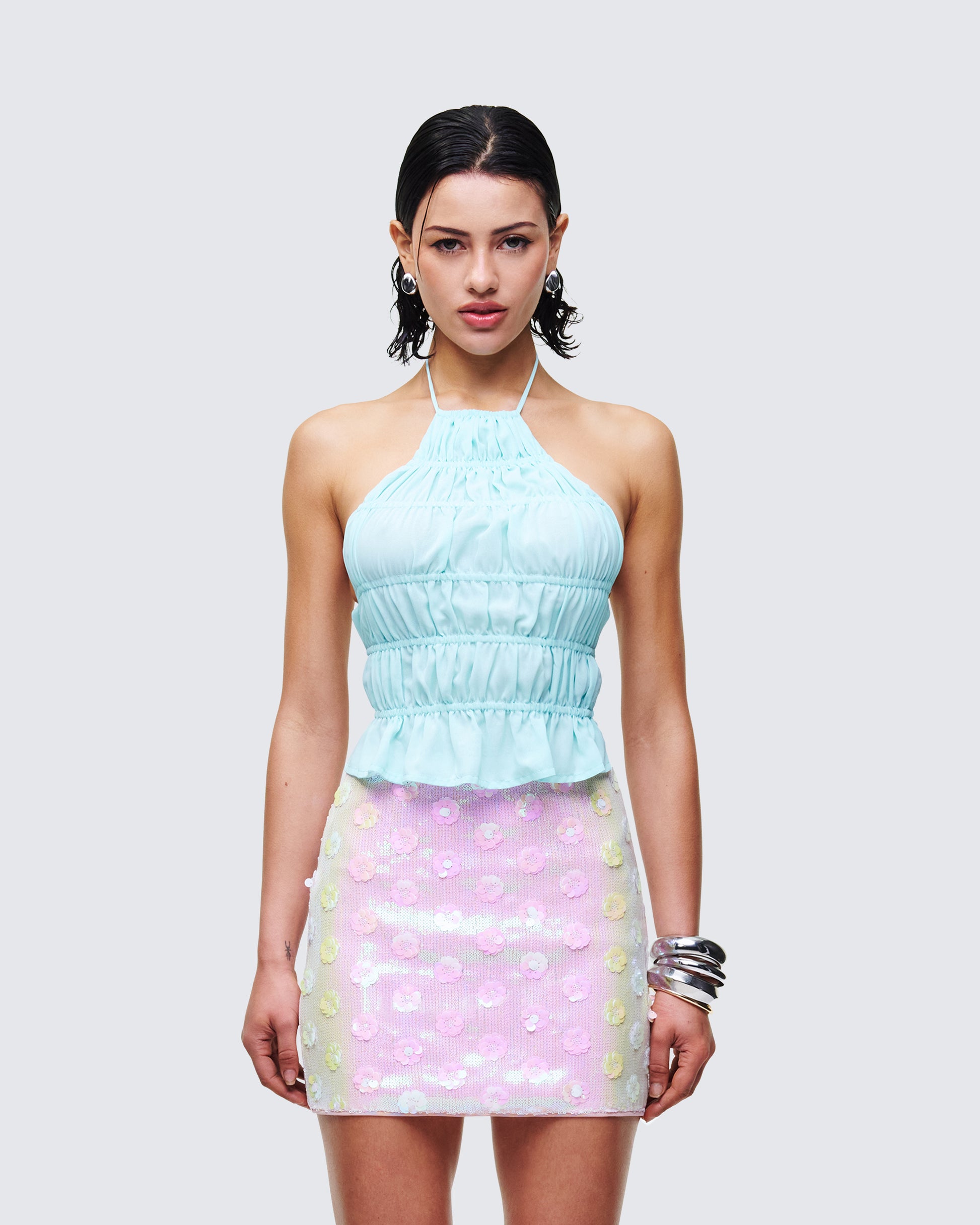 Women's blue halter top front view – FINESSE