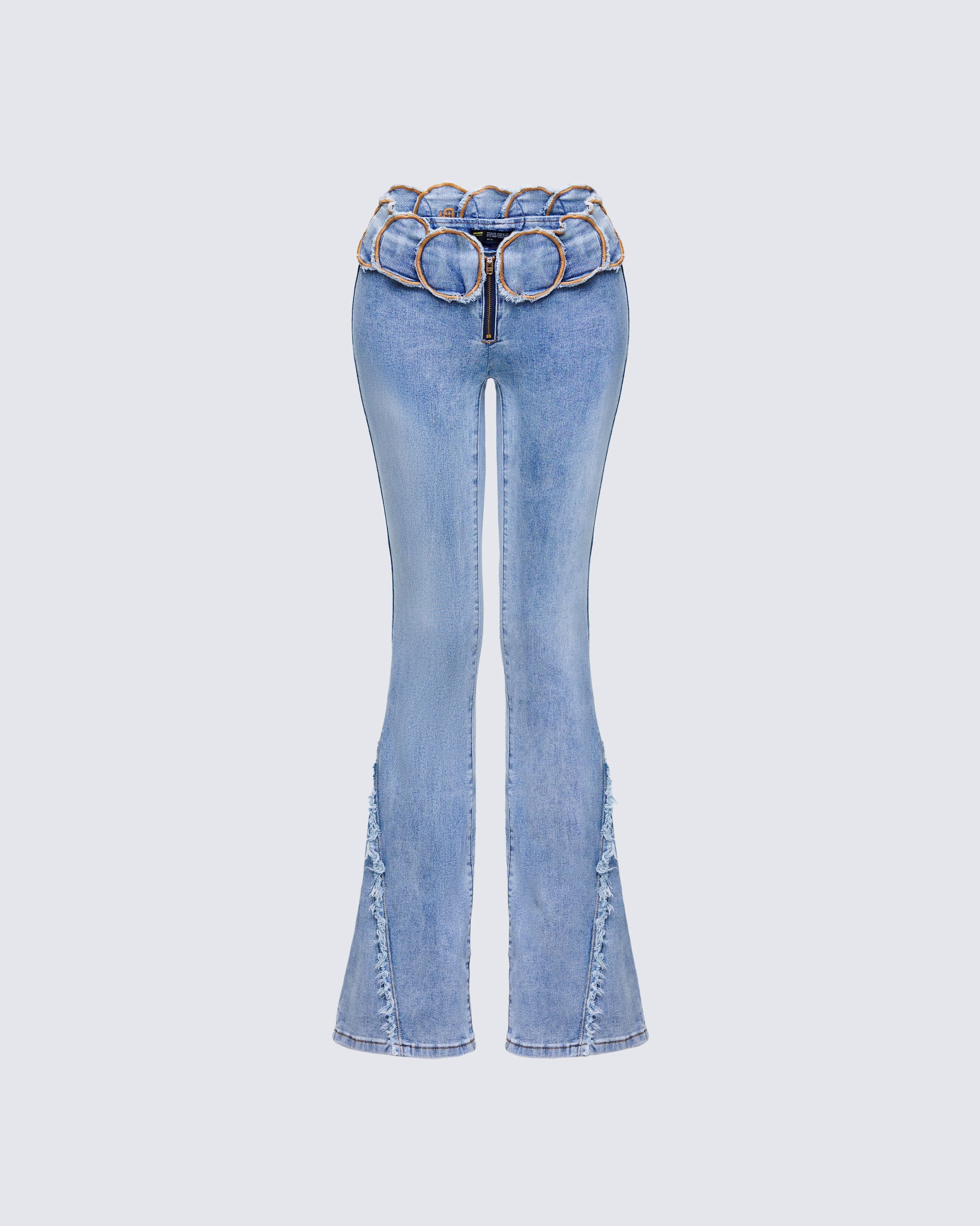 Blue Denim Flared Jeans - Chain Belt Low Rise FINESSE Blue Denim Flared Jeans - Chain Belt Low Rise FINESSE