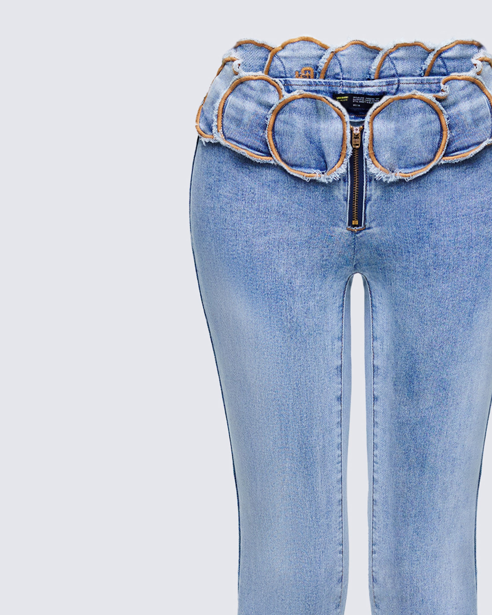Blue Denim Flared Jeans - Chain Belt Low Rise FINESSE Blue Denim Flared Jeans - Chain Belt Low Rise FINESSE