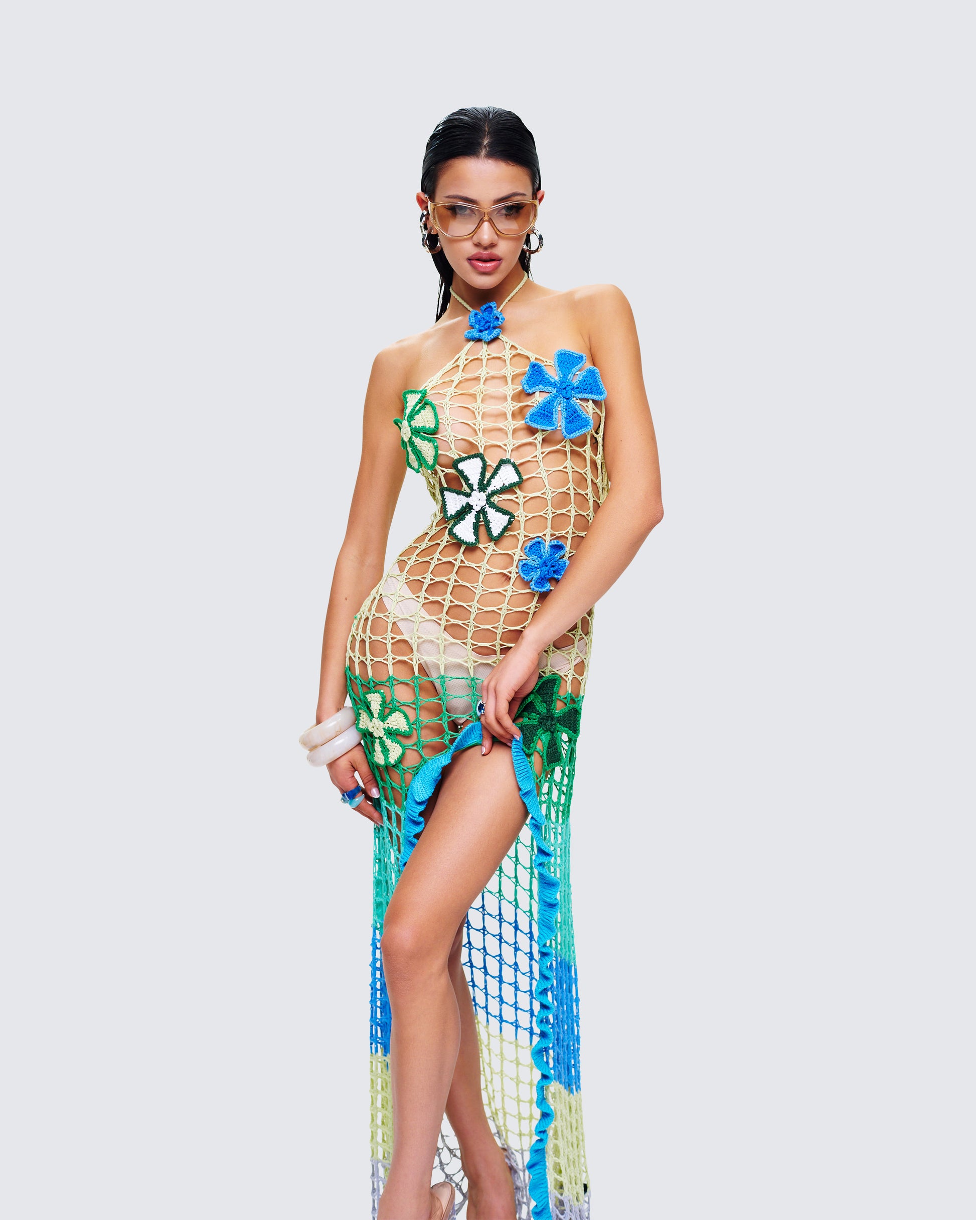 Blue Floral Crochet Maxi Dress - Sheer Halter Tie Waist FINESSE Blue Floral Crochet Maxi Dress - Sheer Halter Tie Waist FINESSE