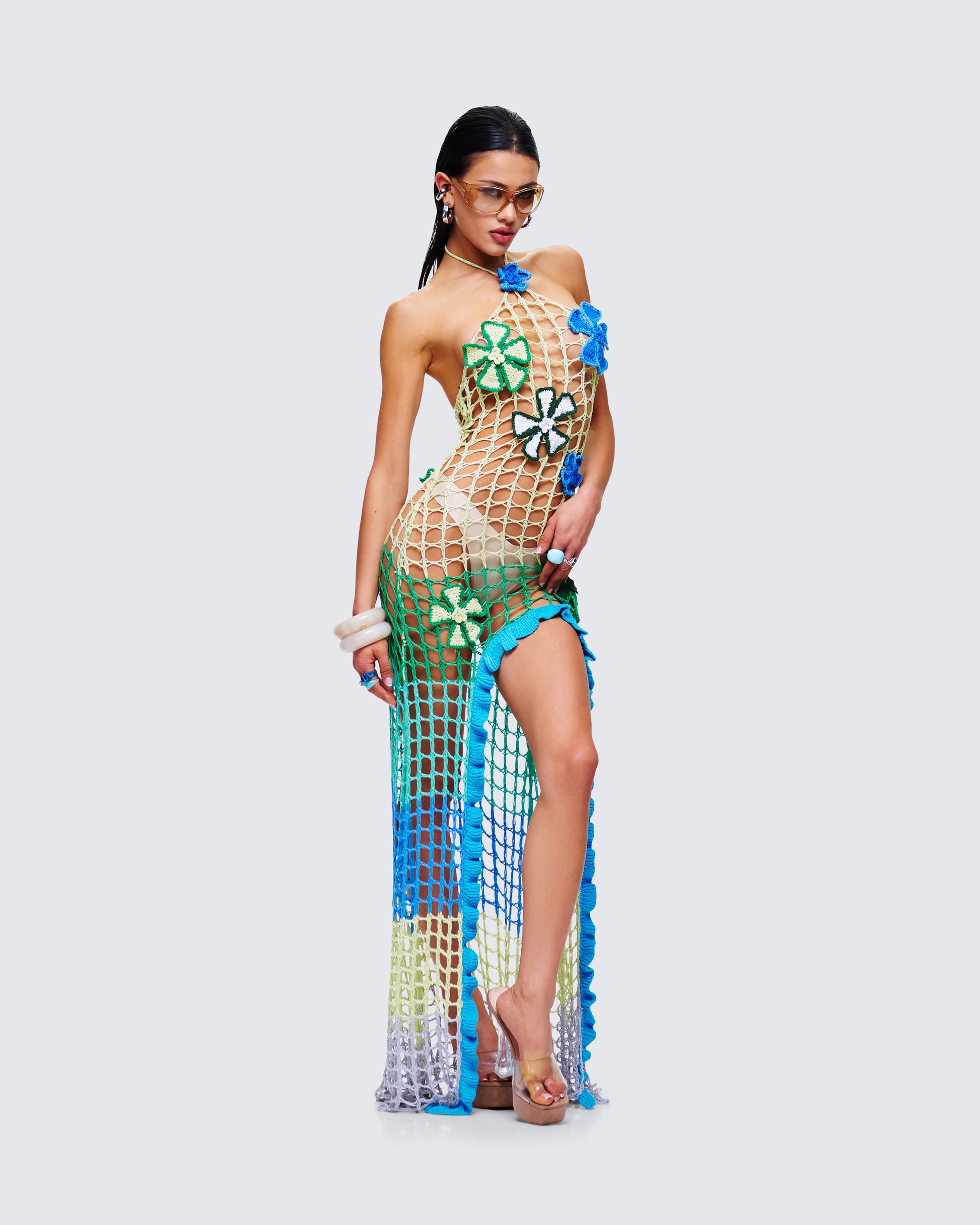 Blue Floral Crochet Maxi Dress - Sheer Halter Tie Waist FINESSE Blue Floral Crochet Maxi Dress - Sheer Halter Tie Waist FINESSE