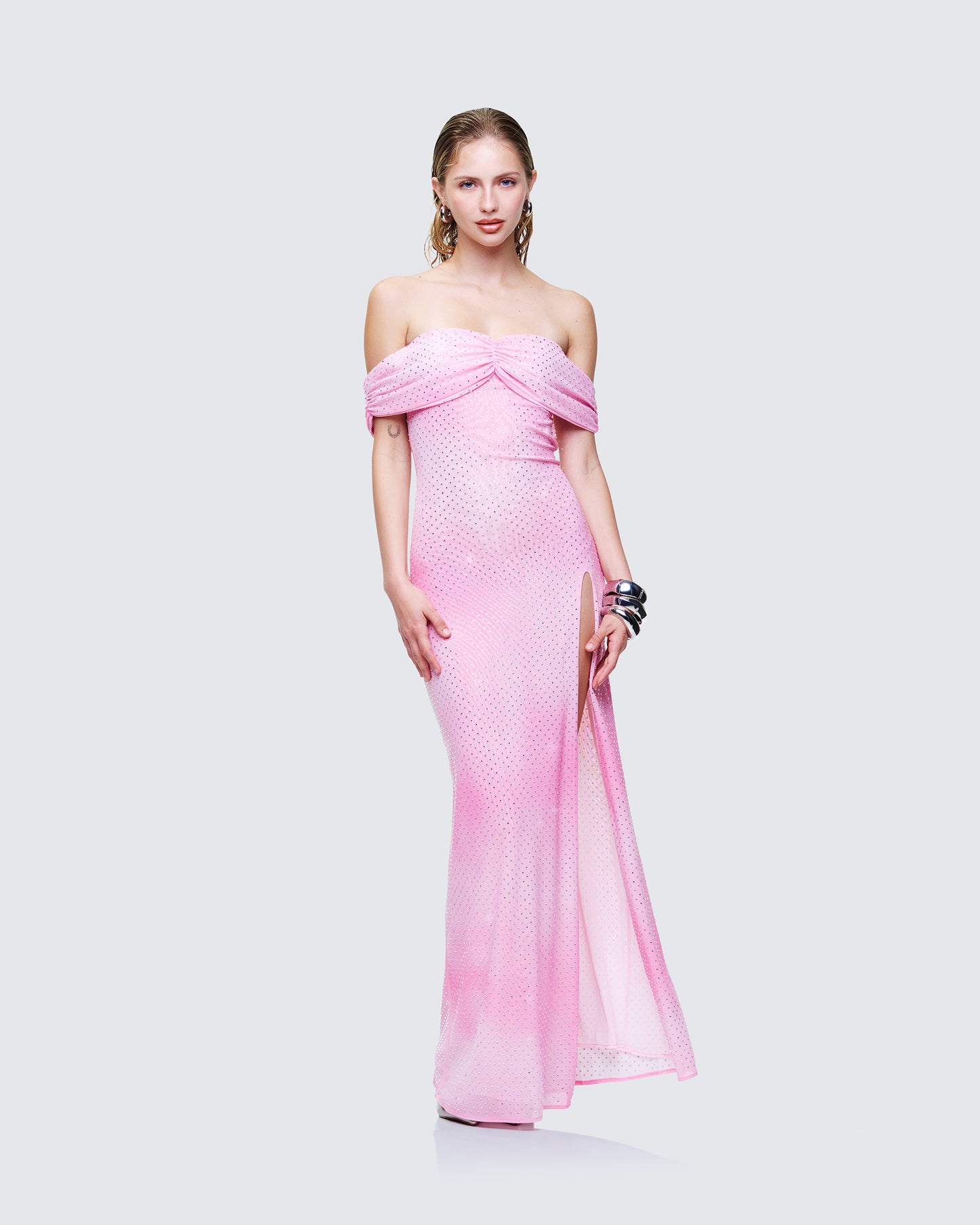 Women's pink maxi dress styled on model – FINESSE