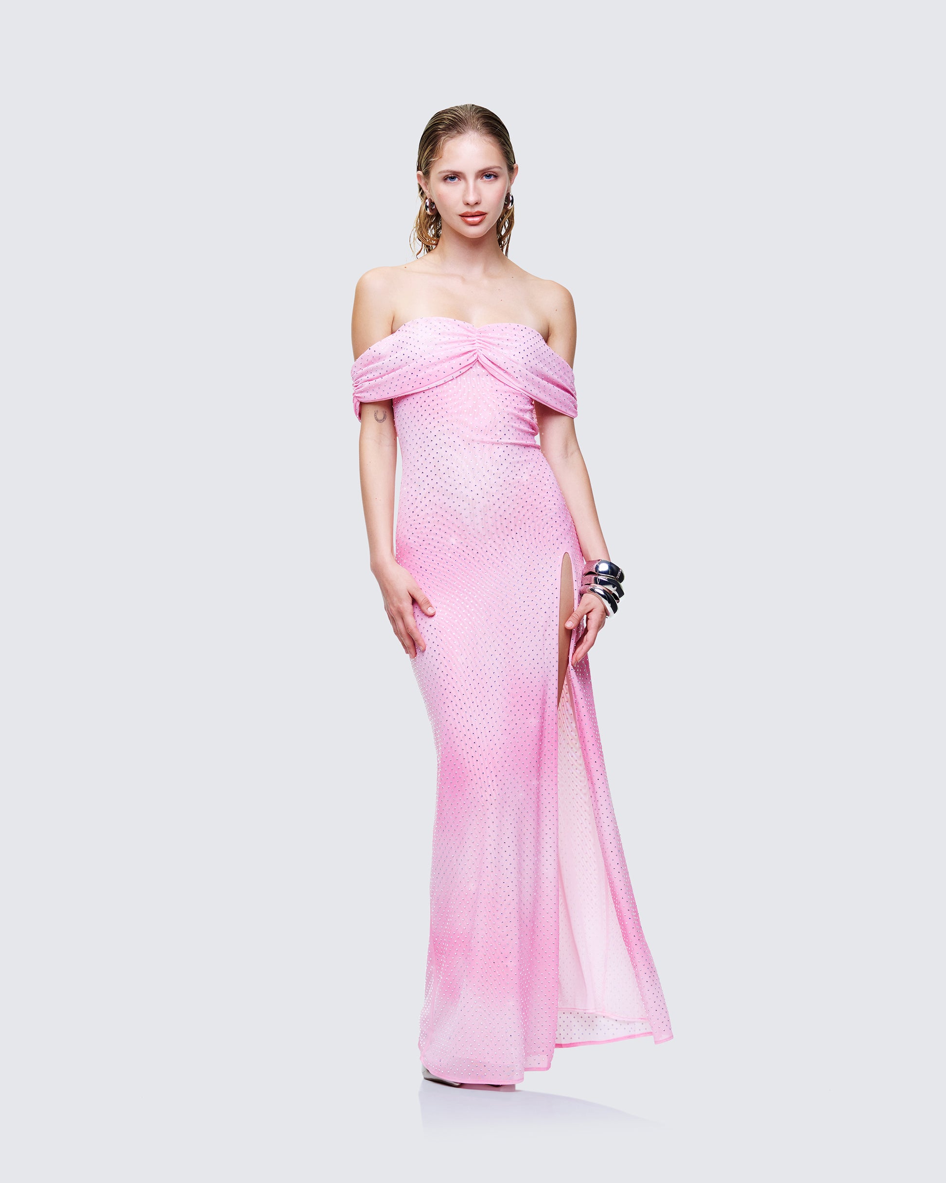 Women's pink maxi dress styled on model – FINESSE