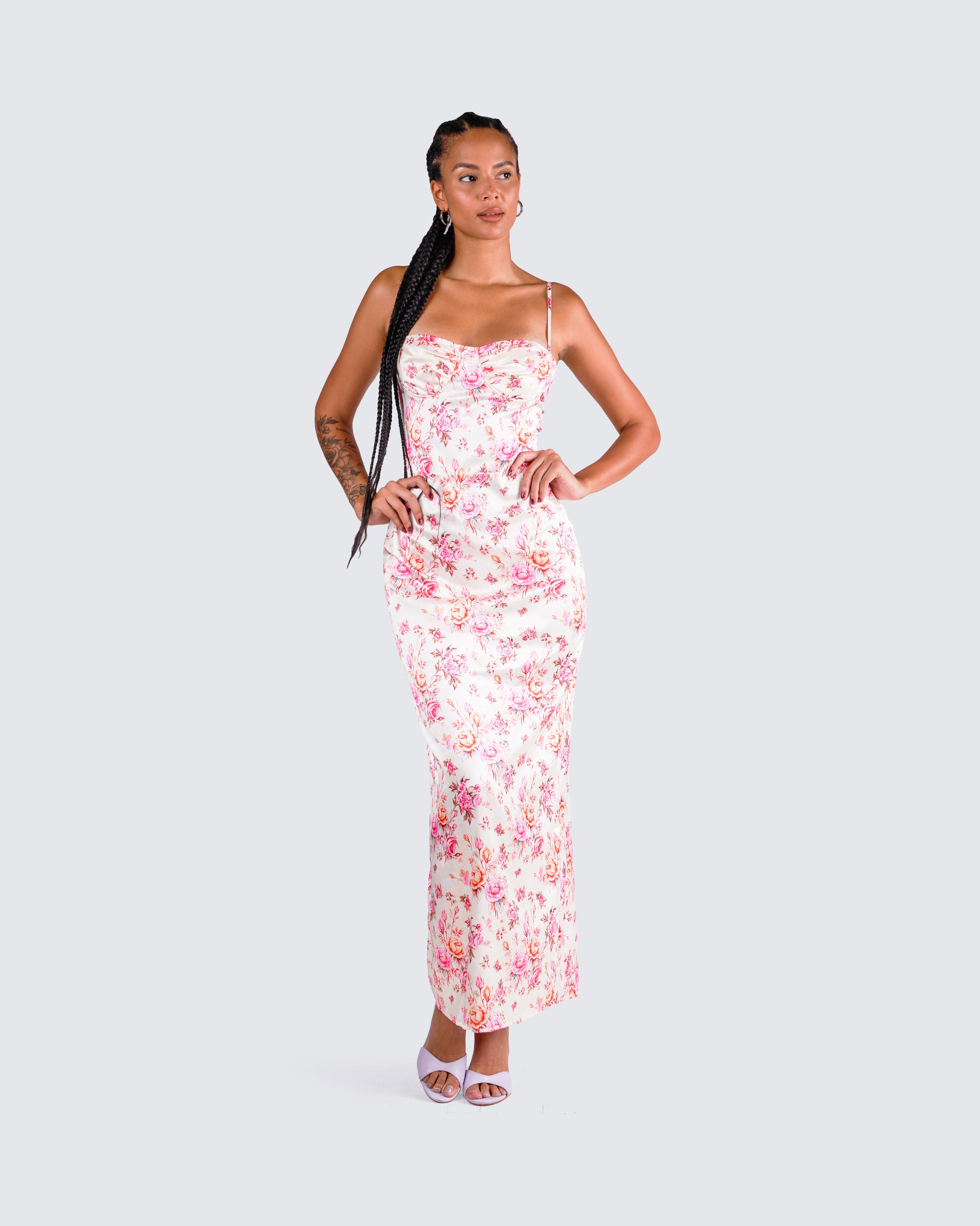 Ivory Floral Print Maxi Dress - Sweetheart Bustier FINESSE Ivory Floral Print Maxi Dress - Sweetheart Bustier FINESSE