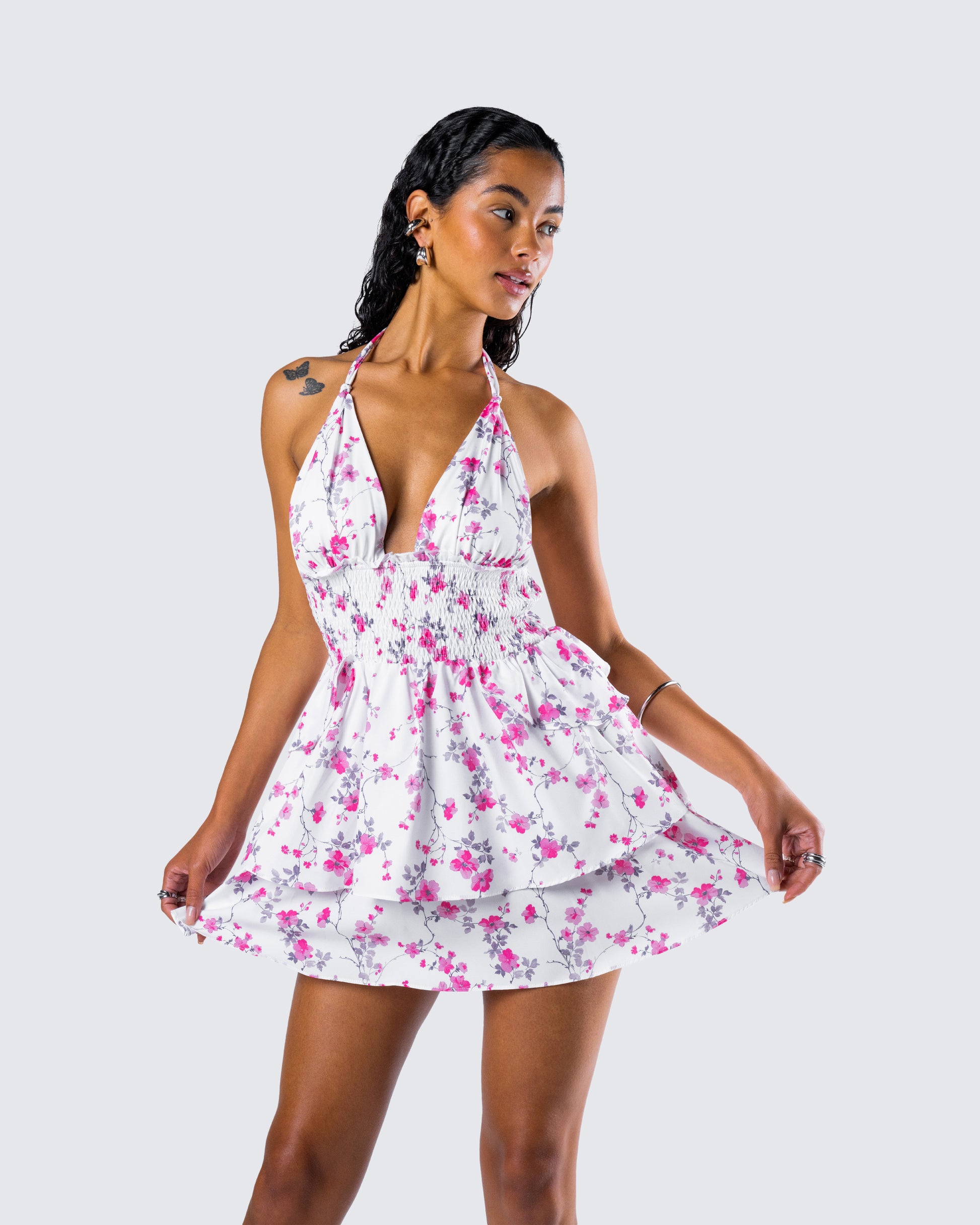 White Floral Mini Dress - Halter Smocked Tiered FINESSE White Floral Mini Dress - Halter Smocked Tiered FINESSE