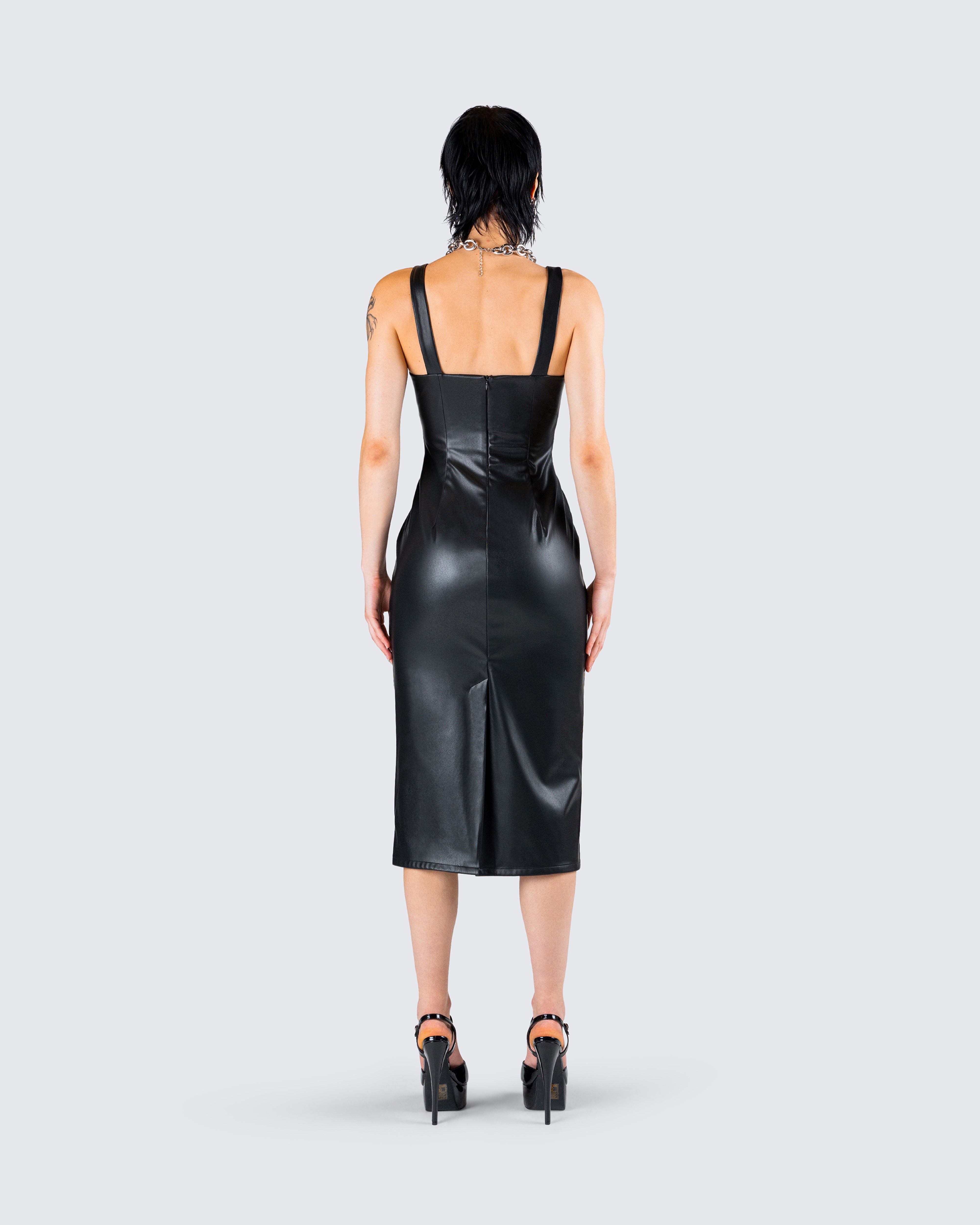 Maia Black Vegan Leather Midi Dress