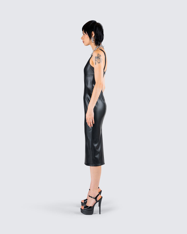 Maia Black Faux Leather Midi Dress