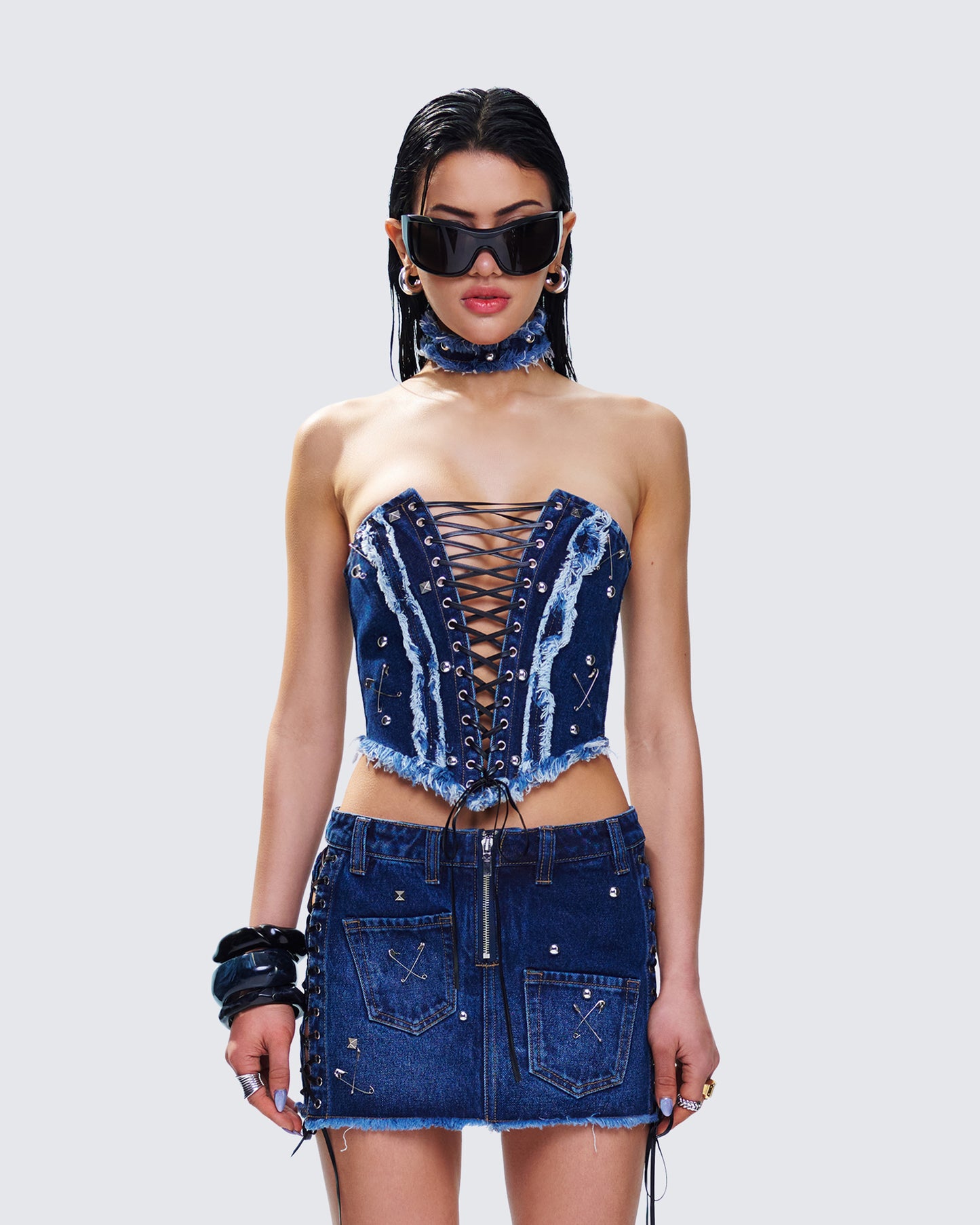 Maja Blue Denim Lace Up Corset Top