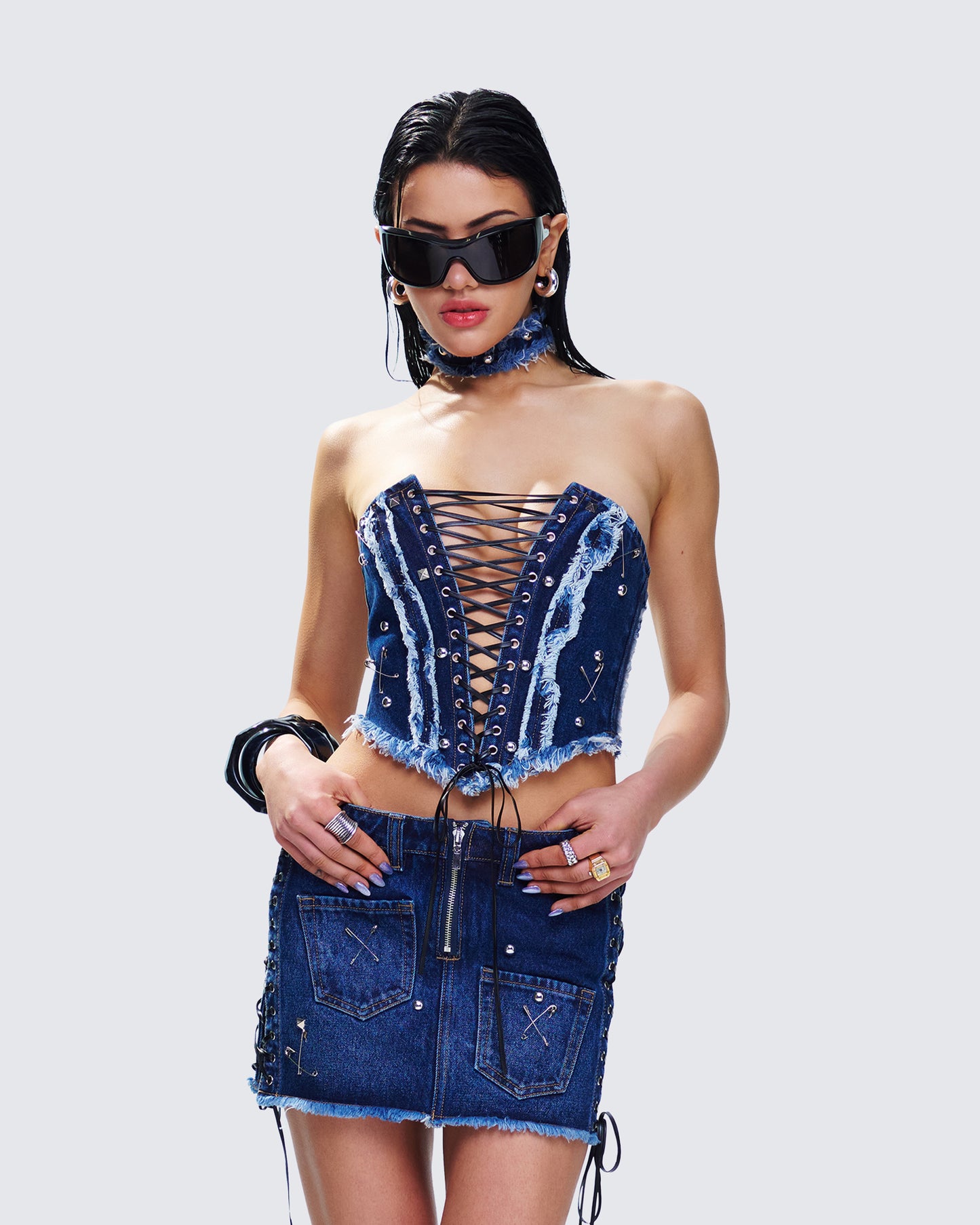 Maja Blue Denim Lace Up Corset Top