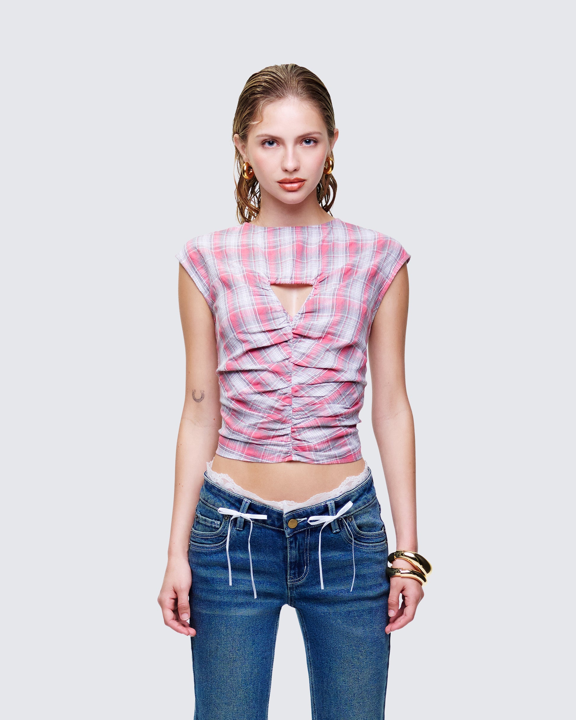Malak Multi Check Cutout Shirt model front