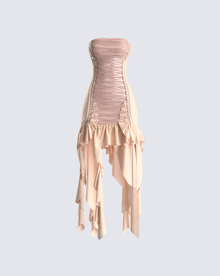 Manon Beige Chiffon Lace Up Dress