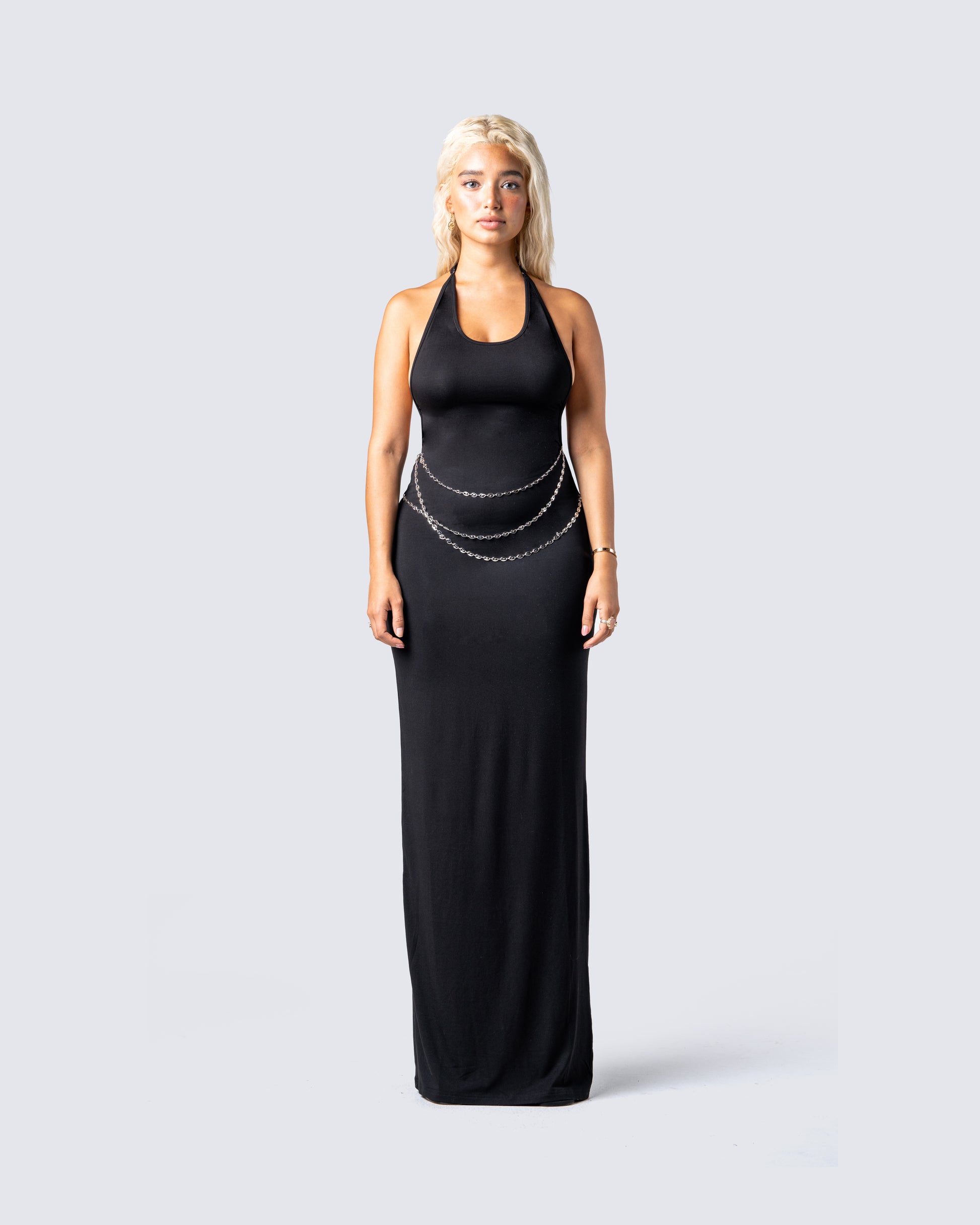 Black Halter Maxi Dress - Chain Detail Formal Gown FINESSE Black Halter Maxi Dress - Chain Detail Formal Gown FINESSE