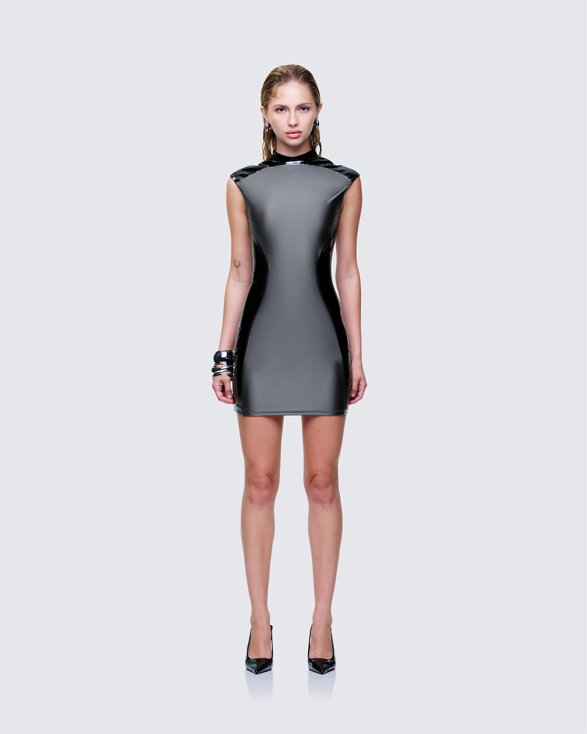 Marea Black Vinyl Contour Dress model front