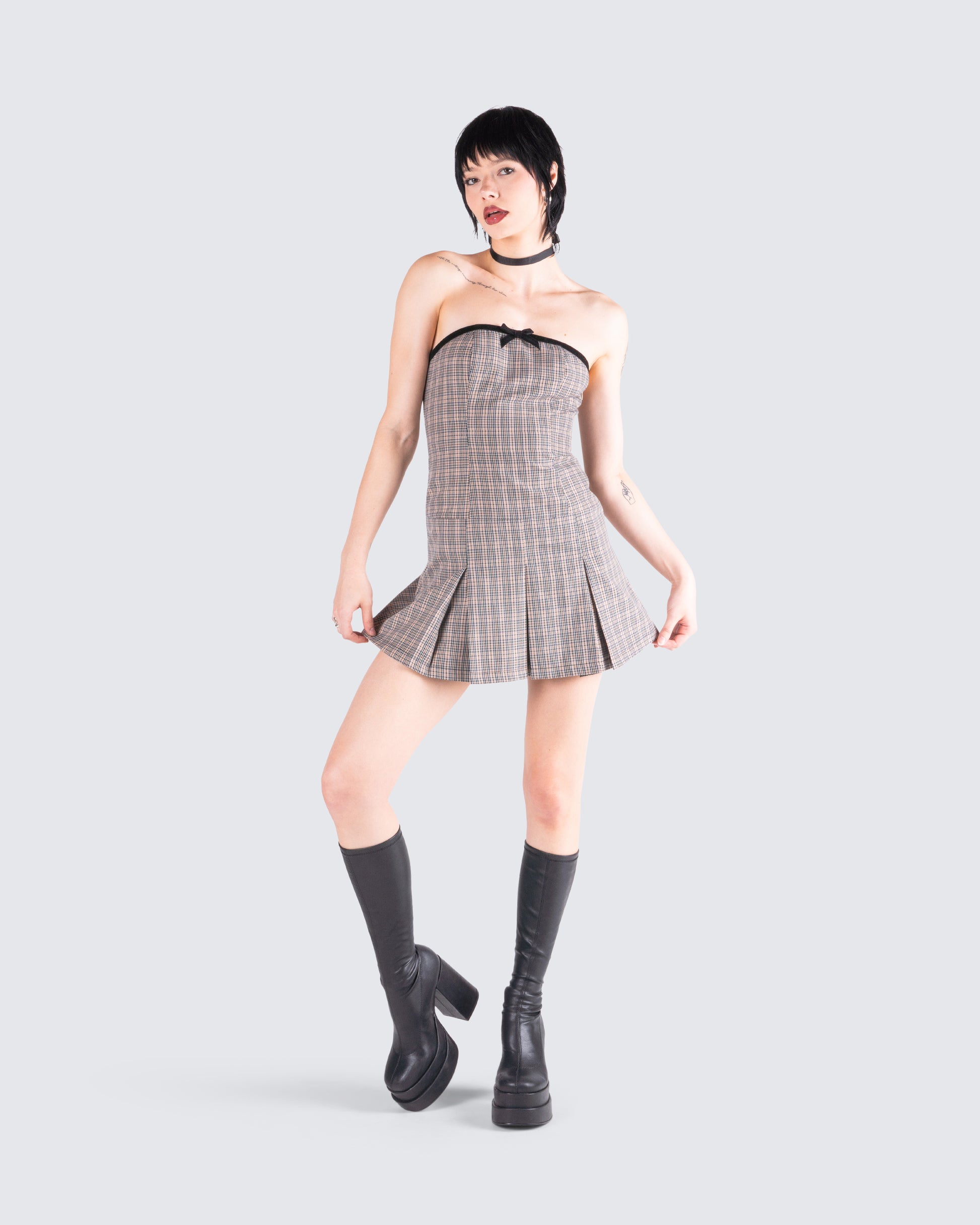 Brown Houndstooth Strapless Mini Dress - Pleated A-Line FINESSE Brown Houndstooth Strapless Mini Dress - Pleated A-Line FINESSE