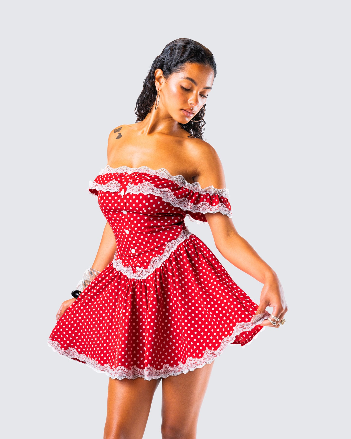 Masami Red Polka Dot Off Shoulder Dress