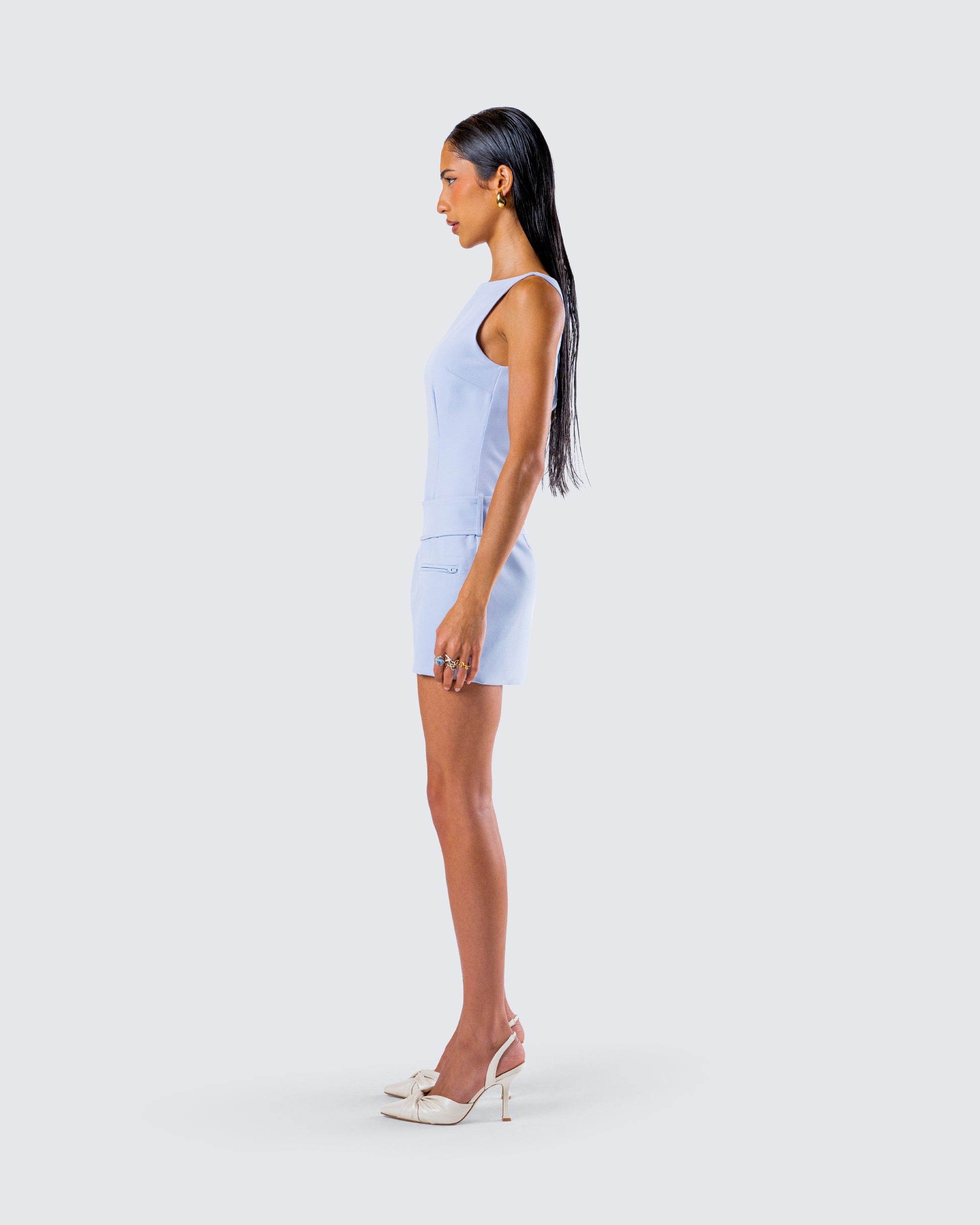 Blue Mini Dress - Sleeveless Belted Cocktail Party FINESSE Blue Mini Dress - Sleeveless Belted Cocktail Party FINESSE