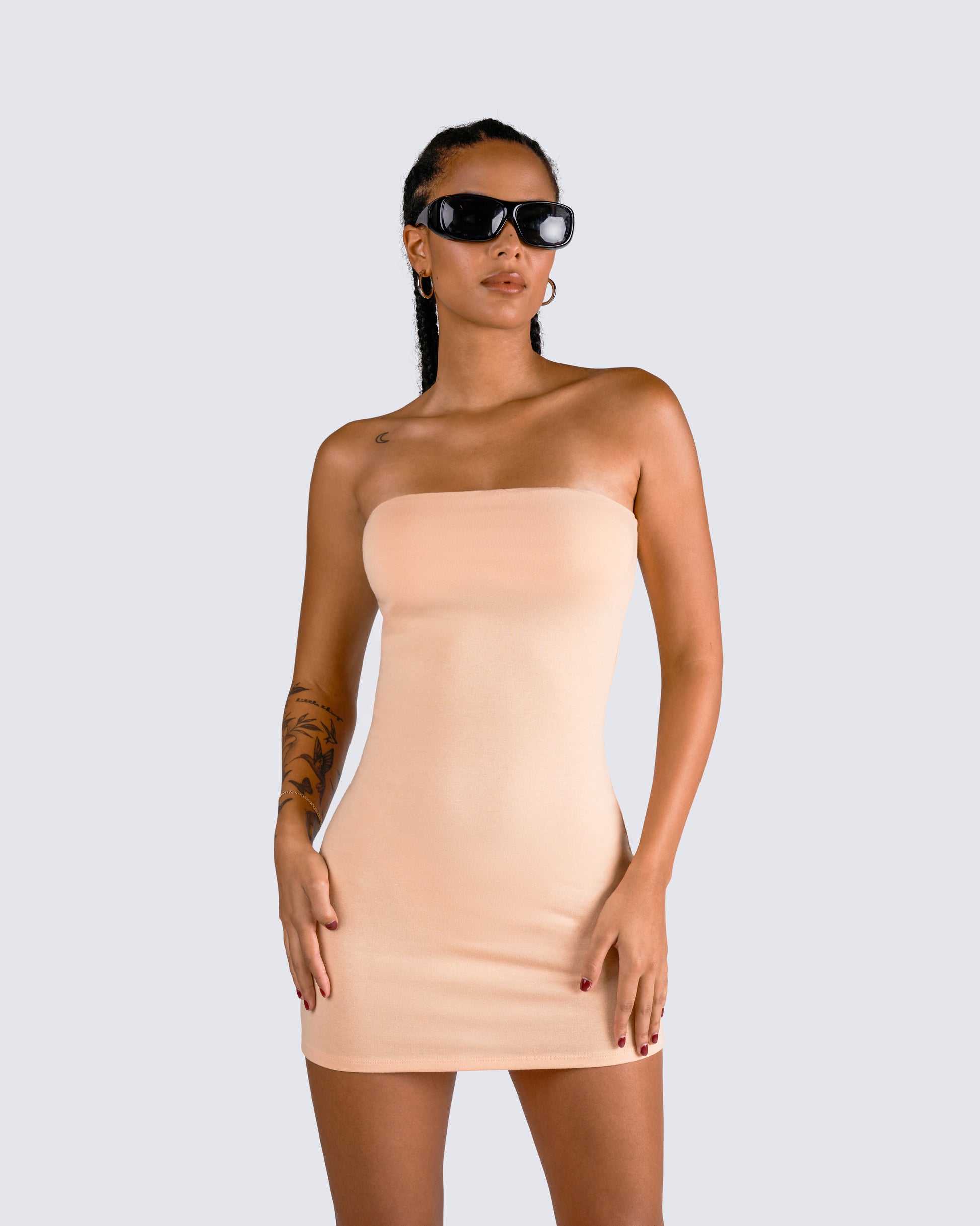 Beige Tube Maxi Dress - Strapless Bodycon Jersey FINESSE Beige Tube Maxi Dress - Strapless Bodycon Jersey FINESSE