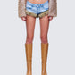 Megari Denim Faux Fur Trim Mini Shorts model front