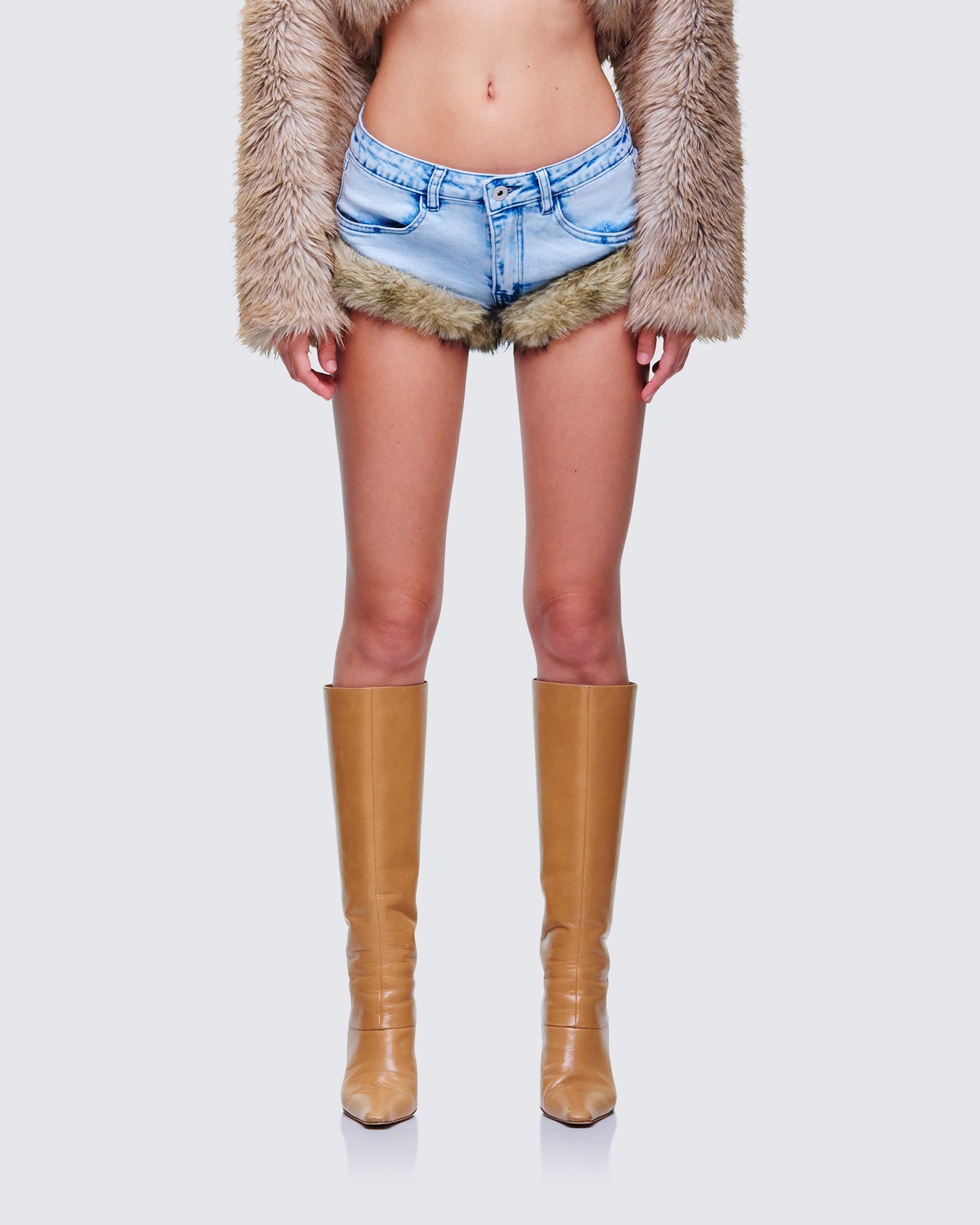 Megari Denim Faux Fur Trim Mini Shorts model front