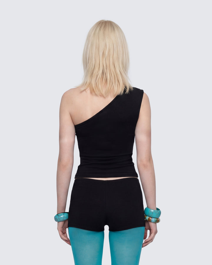 Mei Black One Shoulder Graphic Top