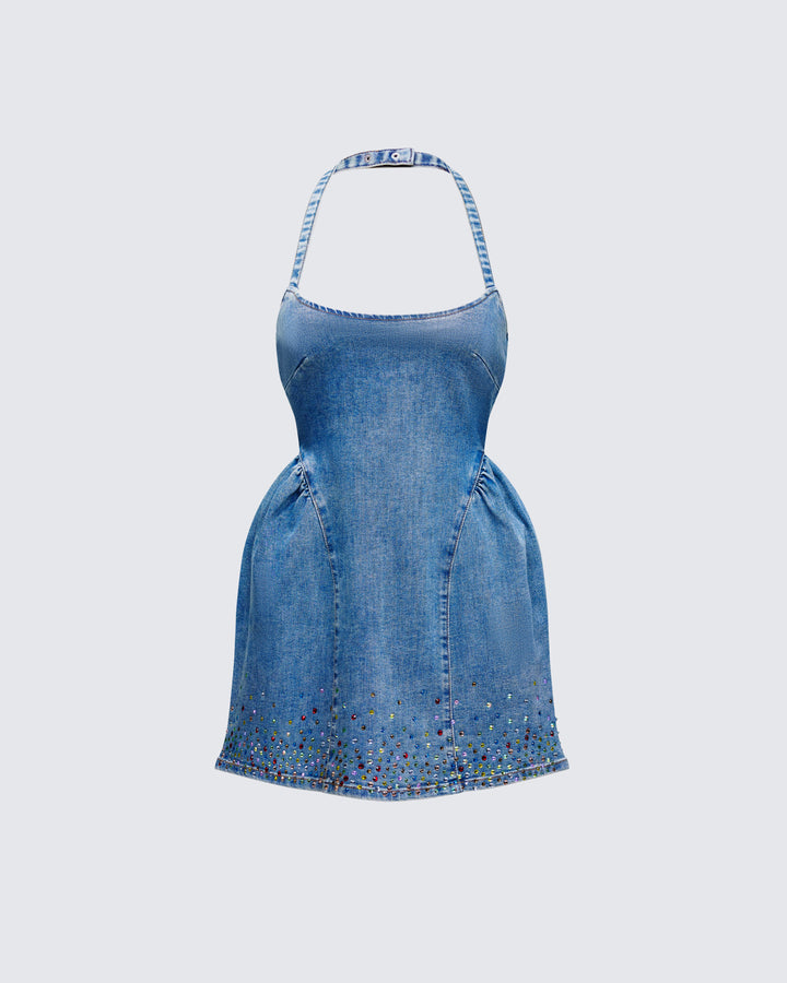 Blue Denim Mini Dress - Tiered Ruffle Corset Floral FINESSE Blue Denim Mini Dress - Tiered Ruffle Corset Floral FINESSE