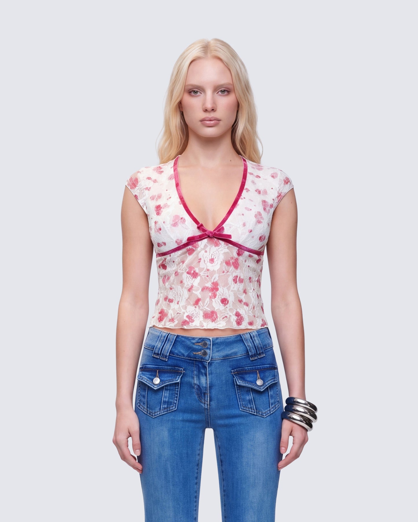 Mel Multi Printed Velvet Trim Stretch Lace Top model front