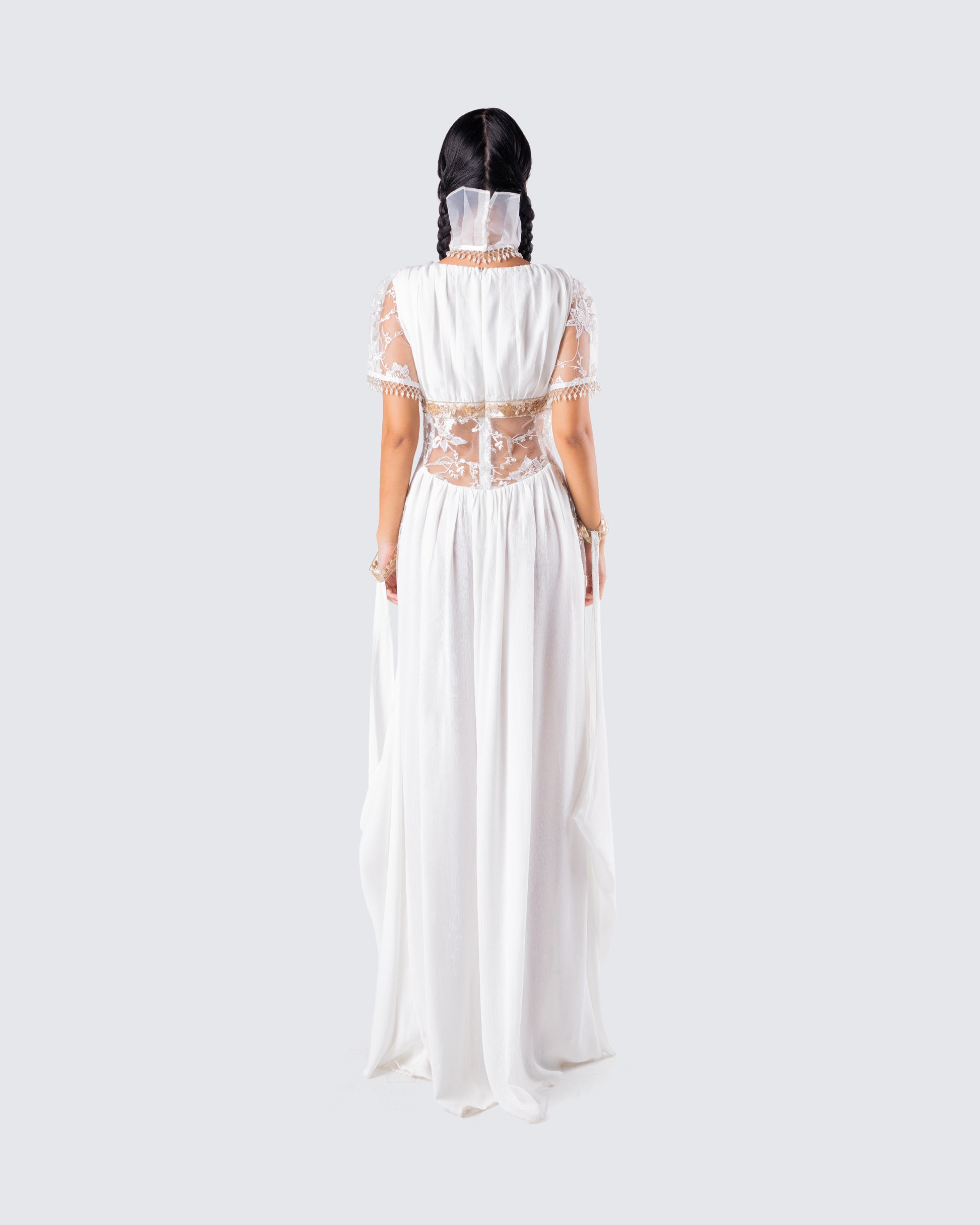 White Maxi Dress - Goddess Draped Gown with Gold Details FINESSE White Maxi Dress - Goddess Draped Gown with Gold Details FINESSE